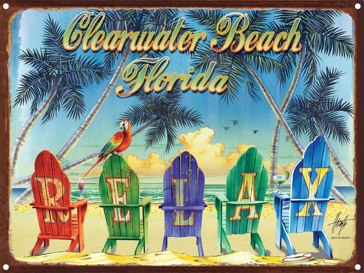Rustic Metal Art Print - Clearwater Beach Florida Relax Chairs Illustration by Artist Jim Mazzotta 8.5