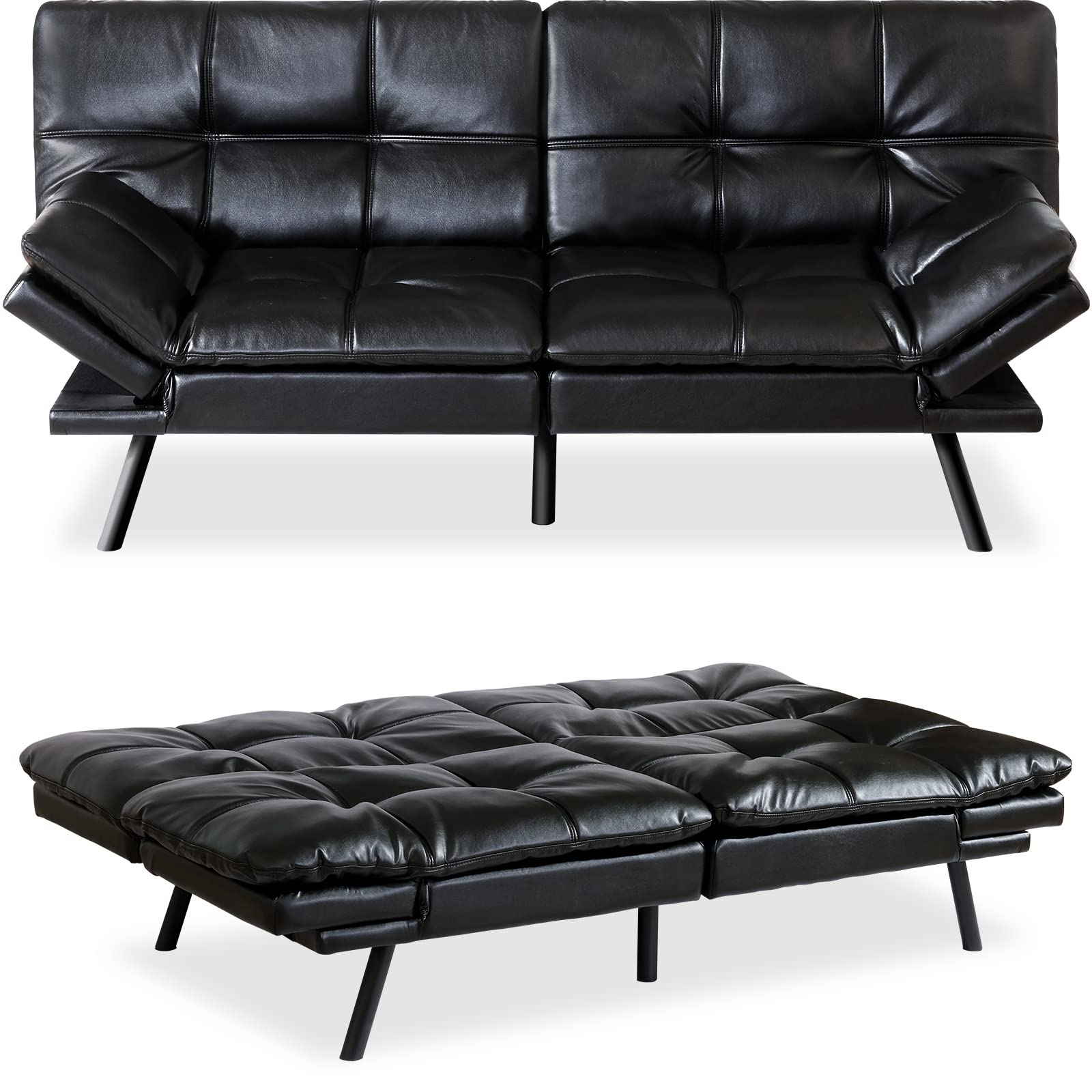 MUUEGM Modern Convertible Futon Sofa Bed - Faux Leather Sleeper Couch with Memory Foam, Adjustable Backrest & Armrests - Perfect for Living Room, Apartment, Dorm or Bonus Room (Black) | Space-Saving Furniture for Small Spaces & Guest Sleeping Solutions