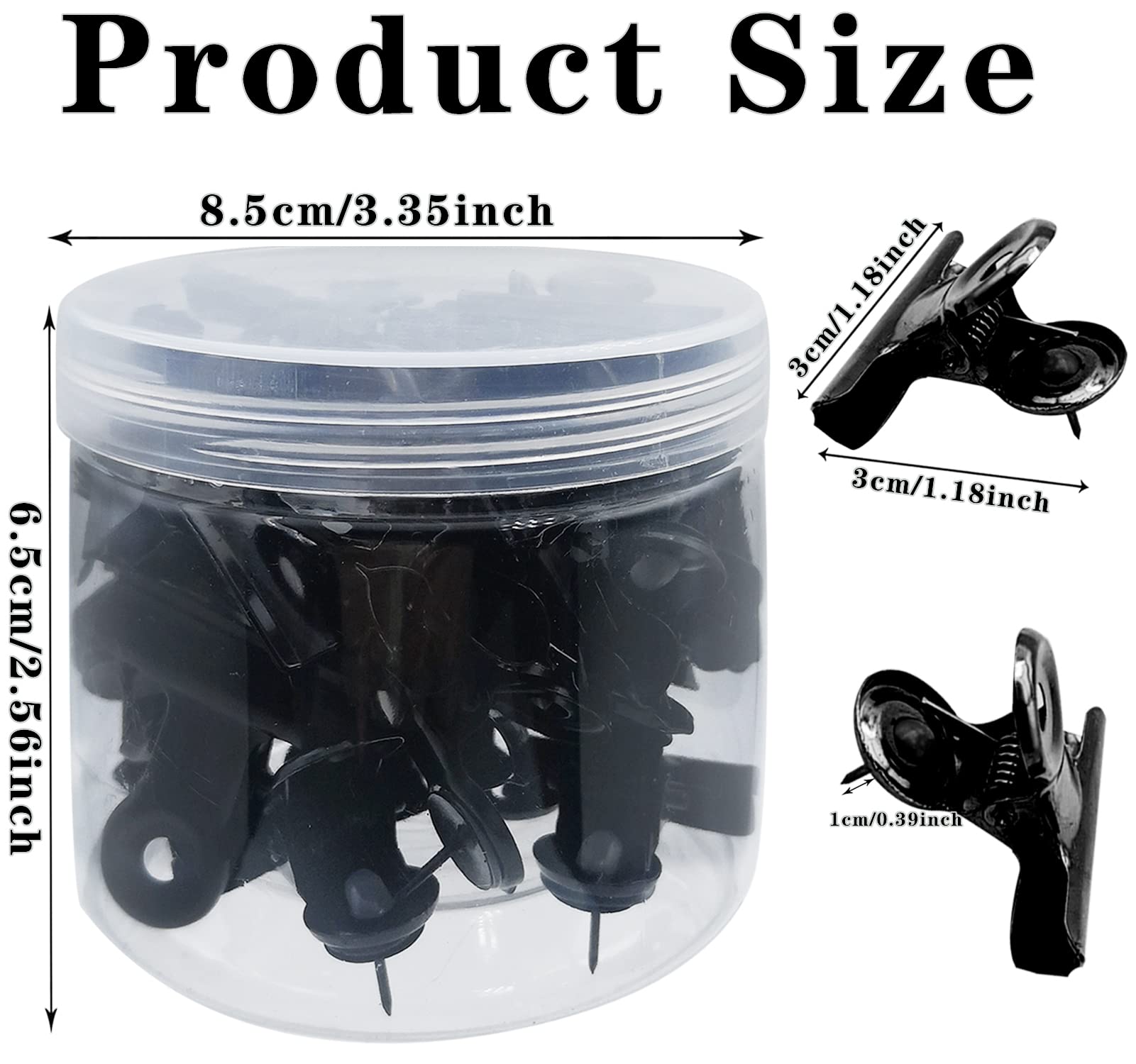 32-Piece Heavy Duty Push Pins with Clips - No-Hole Paper Clips for Cork Boards, Bulletin Boards & Office Use - Bulldog Thumb Tacks for School, Home & Office Organization (31mm, Black) - Perfect for Hanging Photos, Notes & Documents Without Damaging Walls