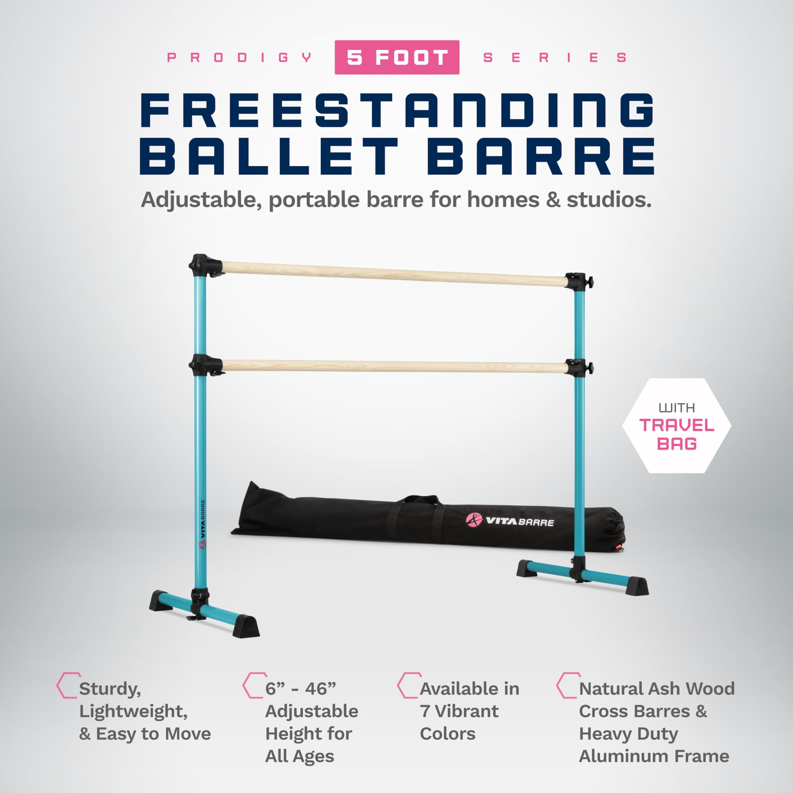 VITA Barre Portable Freestanding Double Ballet Barre - Adjustable Height (32
