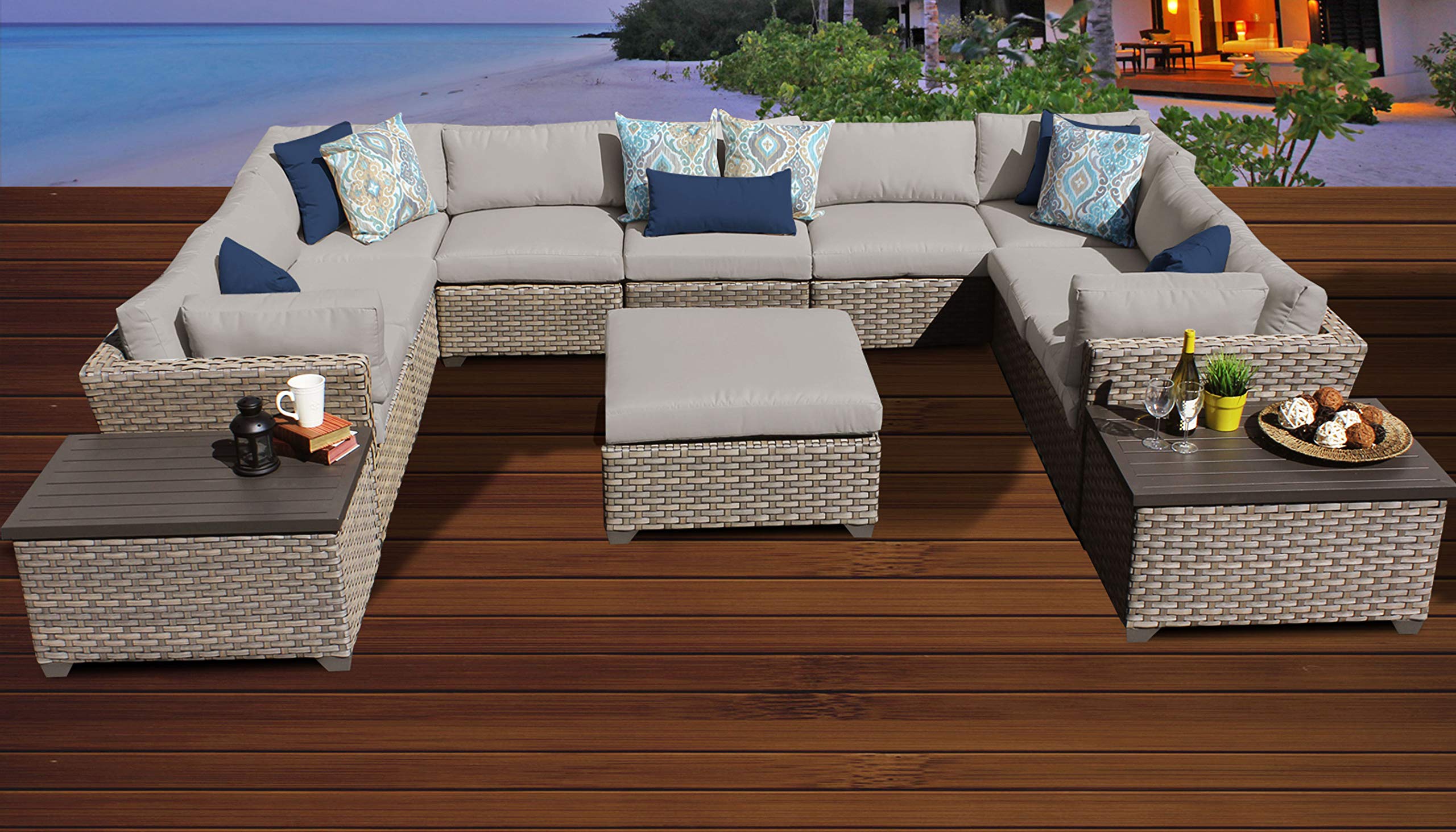 TK Classics Monterey 12-Piece Outdoor Wicker Patio Furniture Set in Beige - Perfect for Backyard, Garden, Poolside & Patio Relaxation