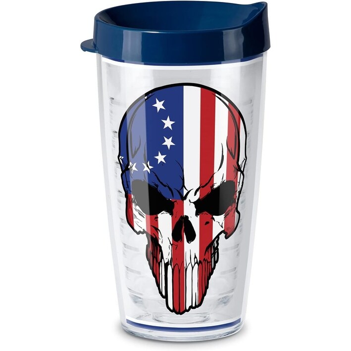 Betsy Ross Flag Skull Design 16oz Double Wall Insulated Unbreakable Plastic Tumbler with Lid - Microwave & Dishwasher Safe - Perfect for Patriotic Parties, Outdoor Events & Office Use