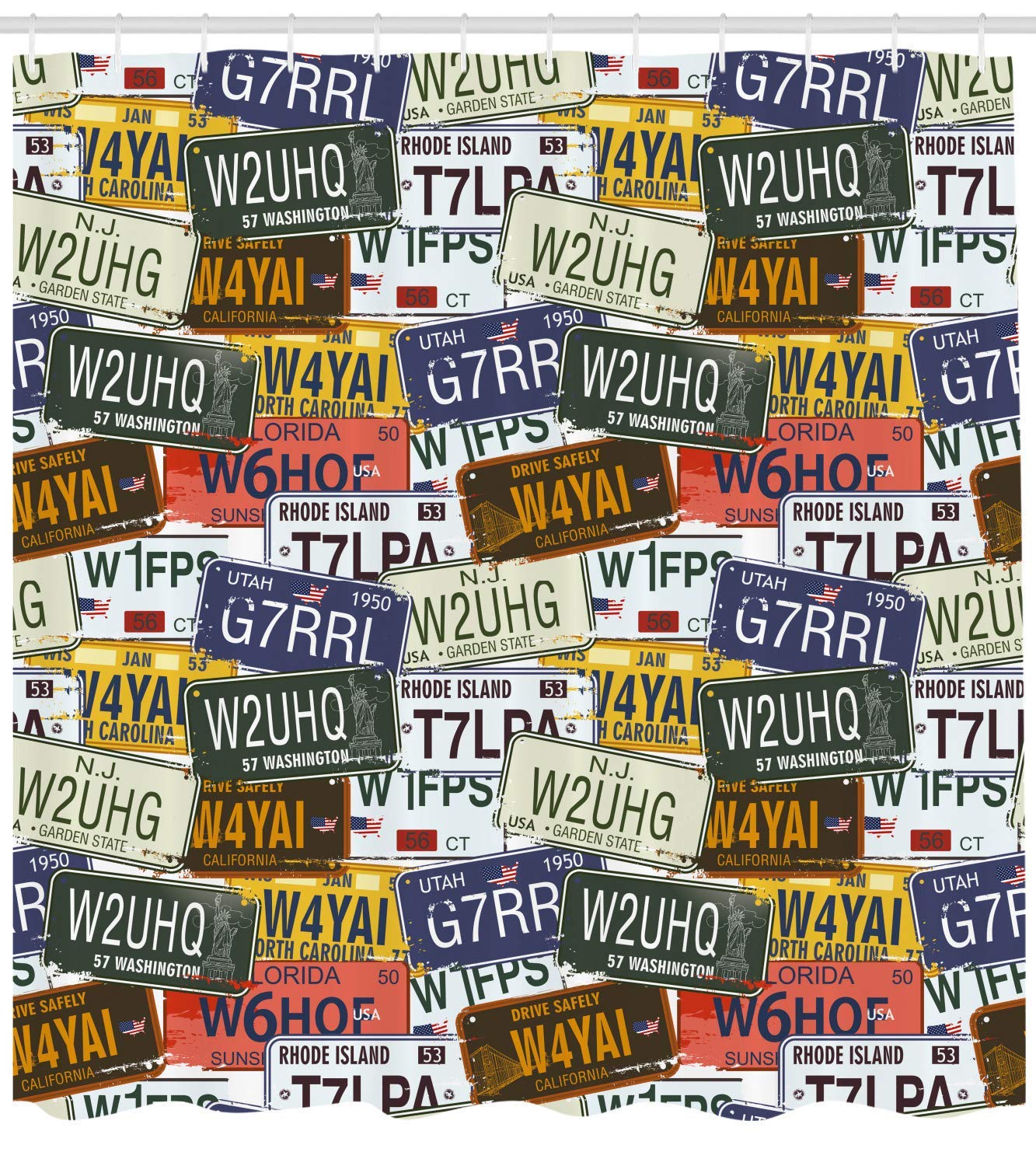 Ambesonne USA Retro Vintage American Auto License Plates Shower Curtain - Utah, Rhode Island, North Carolina Print - 69