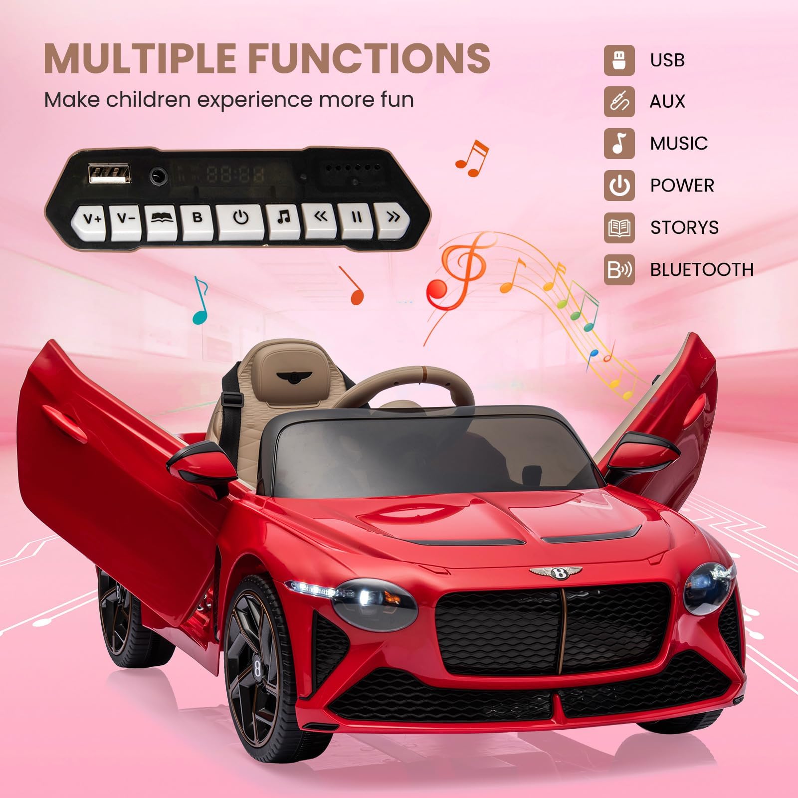 12V Licensed Bentley Bacalar Kids Electric Car - Parental Remote Control, Scissor Doors, Suspension, 3 Speed Modes, LED Lights & Horn (Red) | Perfect for Birthday Gifts, Outdoor Play & Family Fun