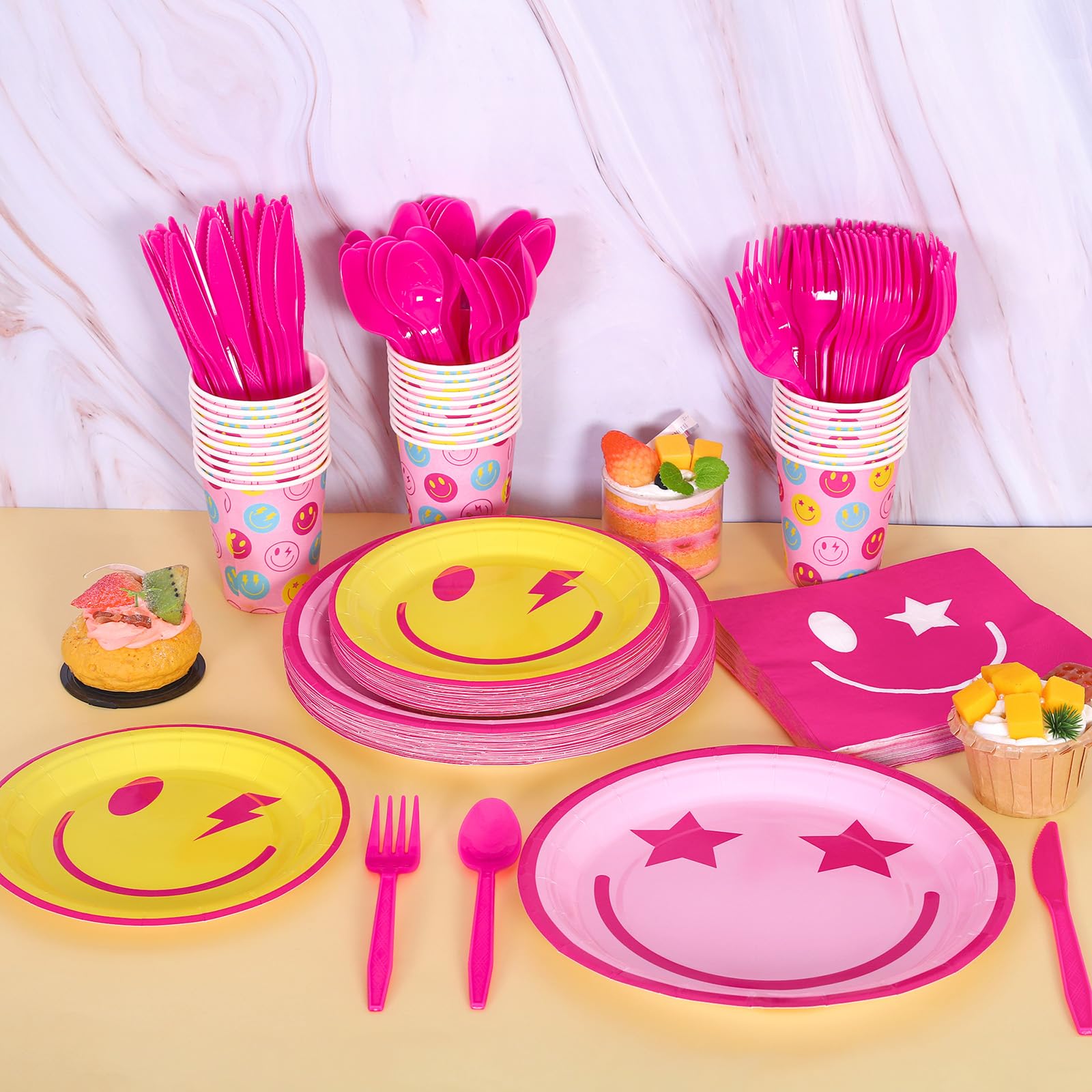 210-Piece Preppy Smiley Face Party Tableware Set - Disposable Paper Plates, Napkins, Cups & Cutlery for Birthday Parties, Baby Showers - Serves 30 Guests - Perfect for Themed Celebrations & Fun Gatherings