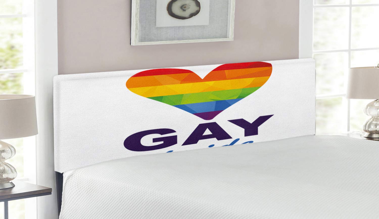 Ambesonne Pride Headboard - Polygonal Gay Rainbow Heart Design with LGBT Love & Community Inscription, Upholstered Decorative Metal Bed Frame with Memory Foam, Queen Size, Multicolor - Perfect for LGBTQ+ Bedroom Decor & Pride-Themed Home Styling