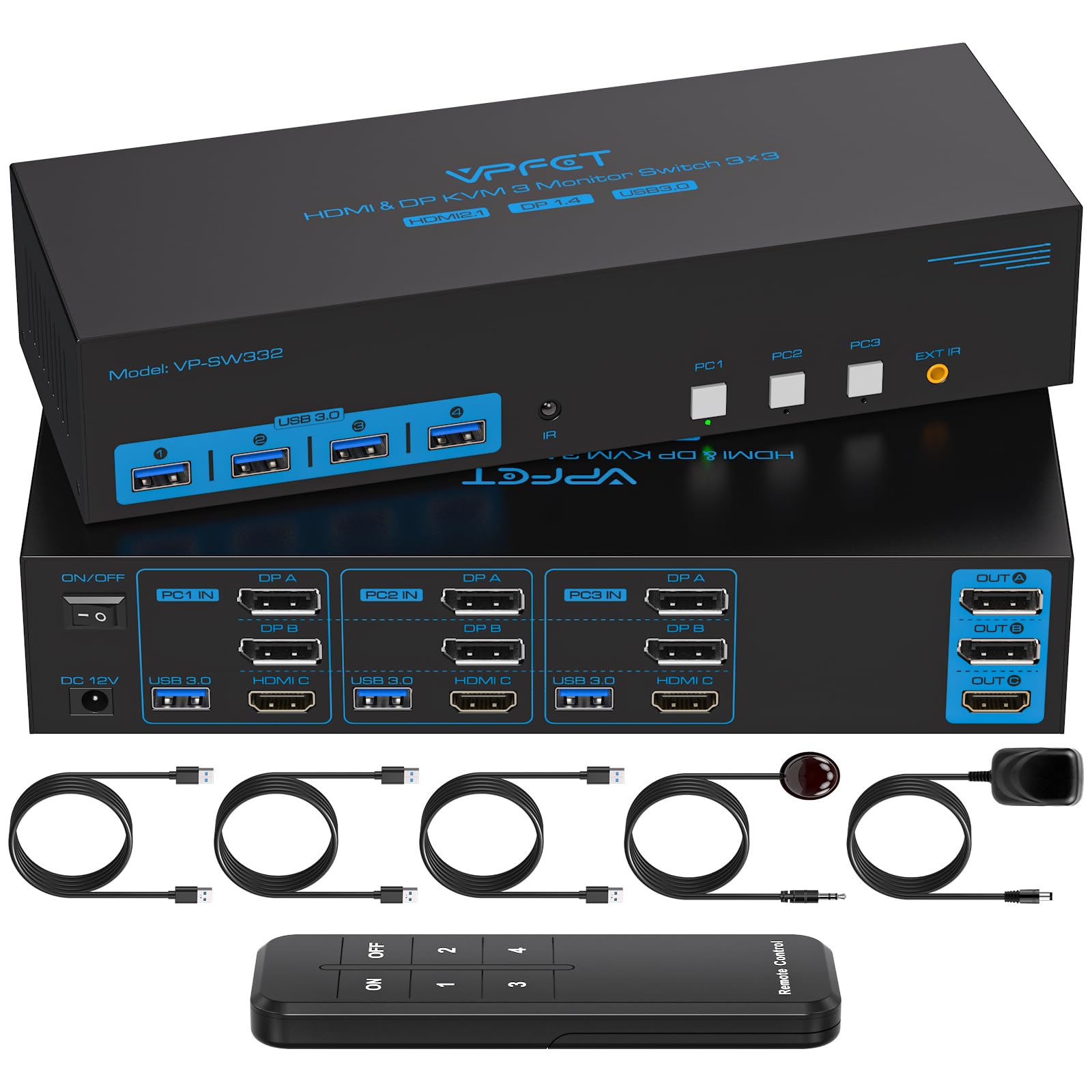 8K 4K 144Hz HDMI KVM Switch with 2 DisplayPort - Triple Monitor Support for 3 Computers, USB 3.0 Hub, Extended/Copy Mode - Perfect for Multi-Tasking, Gaming, and Office Workstations