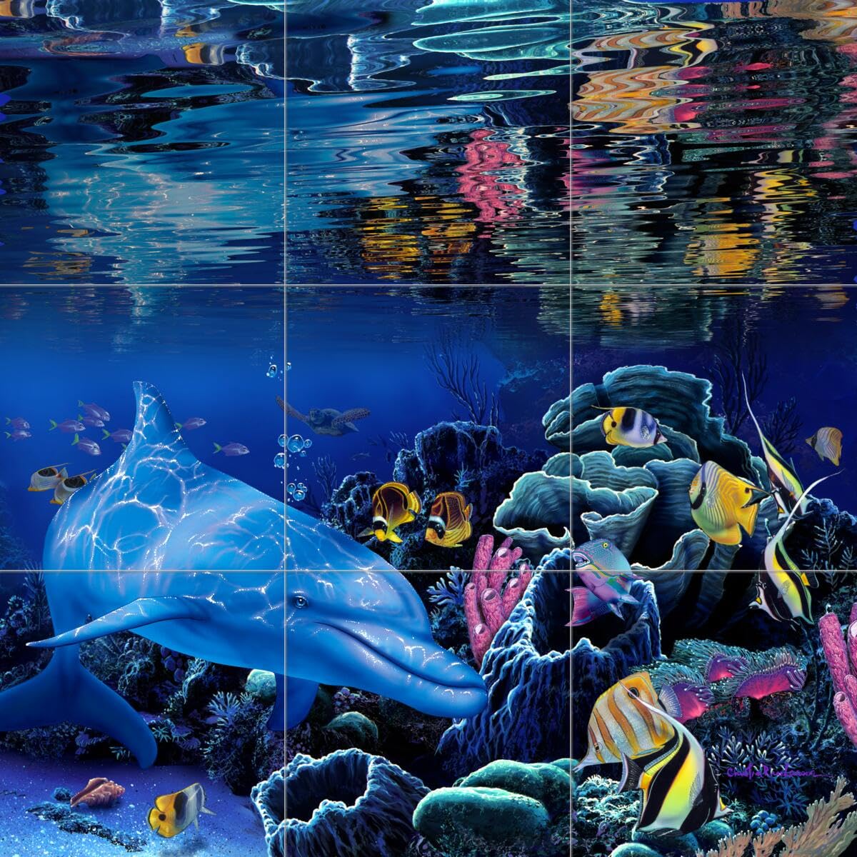 Ceramic Backsplash Tile Mural - Dolphin & Whale Underwater Ocean Scene - Reef Dolphin Design by Christian Riese Lassen - Perfect for Kitchen, Bathroom & Shower Walls - Adds Coastal Charm to Beach House Decor