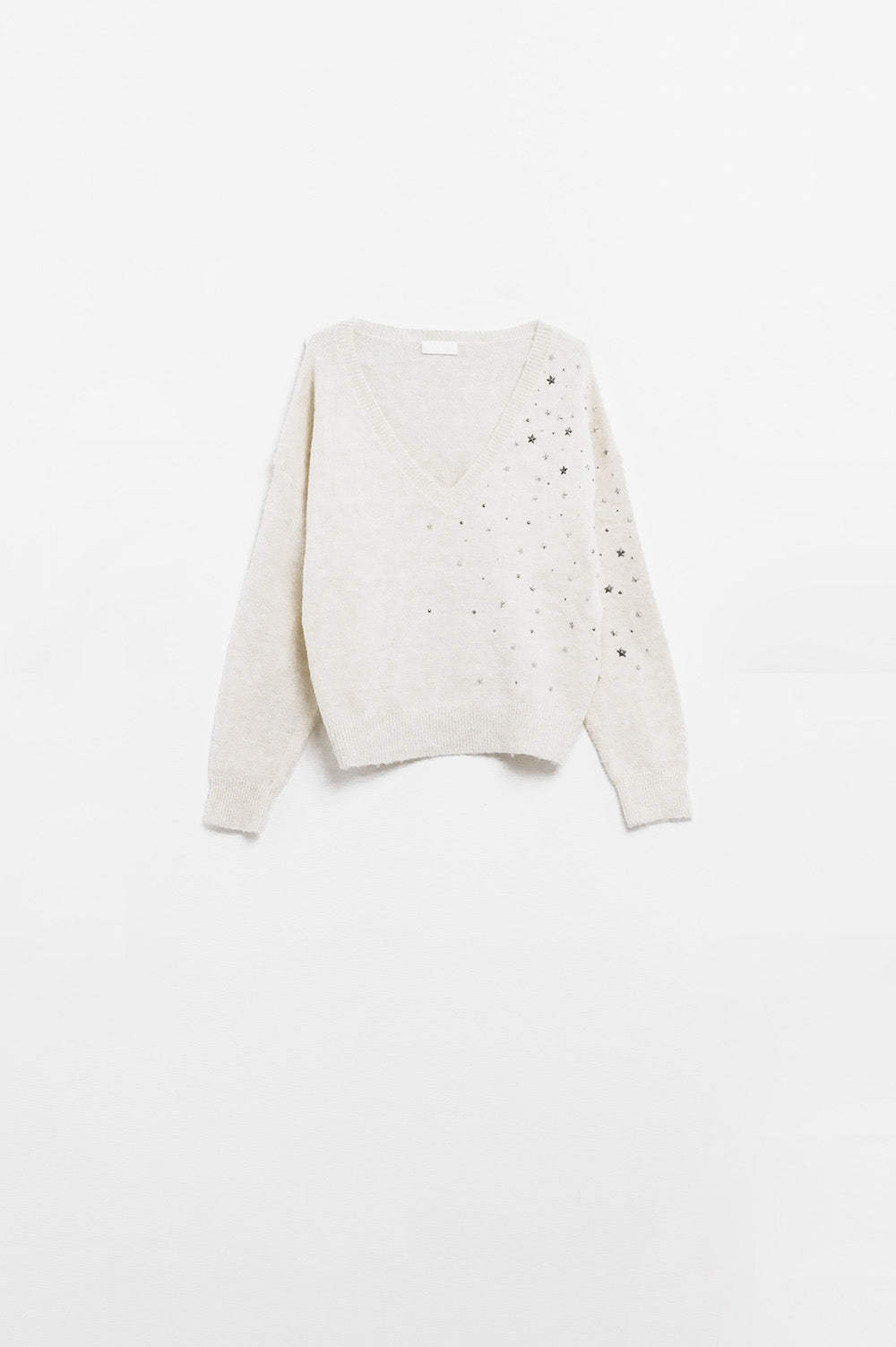 V-Neck Pullover with Metallic Star Embroidery - Stylish Women's Knit Sweater for Casual Wear & Holiday Outfits