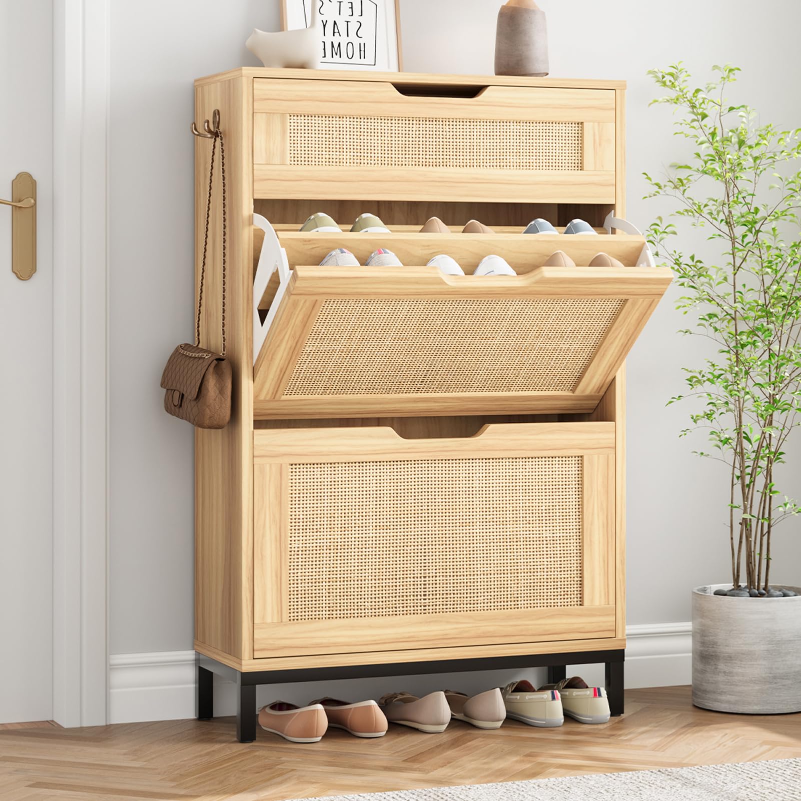Boho Rattan Shoe Storage Cabinet with 2 Flip Drawers - Narrow Free Standing Wooden Shoe Organizer for Entryway, Hallway & Foyer - Perfect for Small Spaces & Hidden Shoe Storage (Natural Wood)