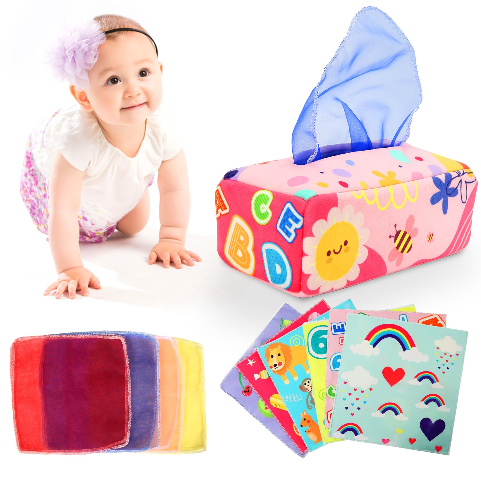 Montessori Baby Toys for 6-12 Months - Soft Sensory Tissue Box Toy with Crinkle Sounds | Early Learning Developmental Toys for 1 Year Old Boys & Girls | Perfect Infant Gift (Pink Theme) - Ideal for Playtime, Sensory Exploration & Montessori Education
