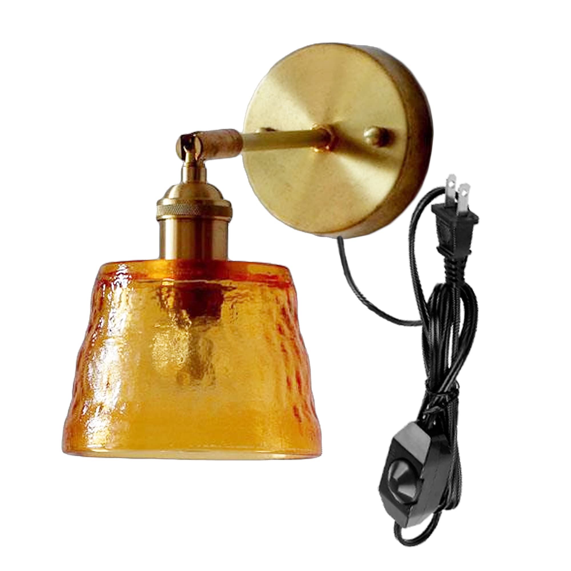 Adjustable Wall Sconce with UL Plug-in Cord - Dimmable E26 Bronze Base Reading Light with Rotating Switch & Yellow Glass Shade - Perfect for Bedroom, Hallway, Kitchen Island, and Bathroom Lighting