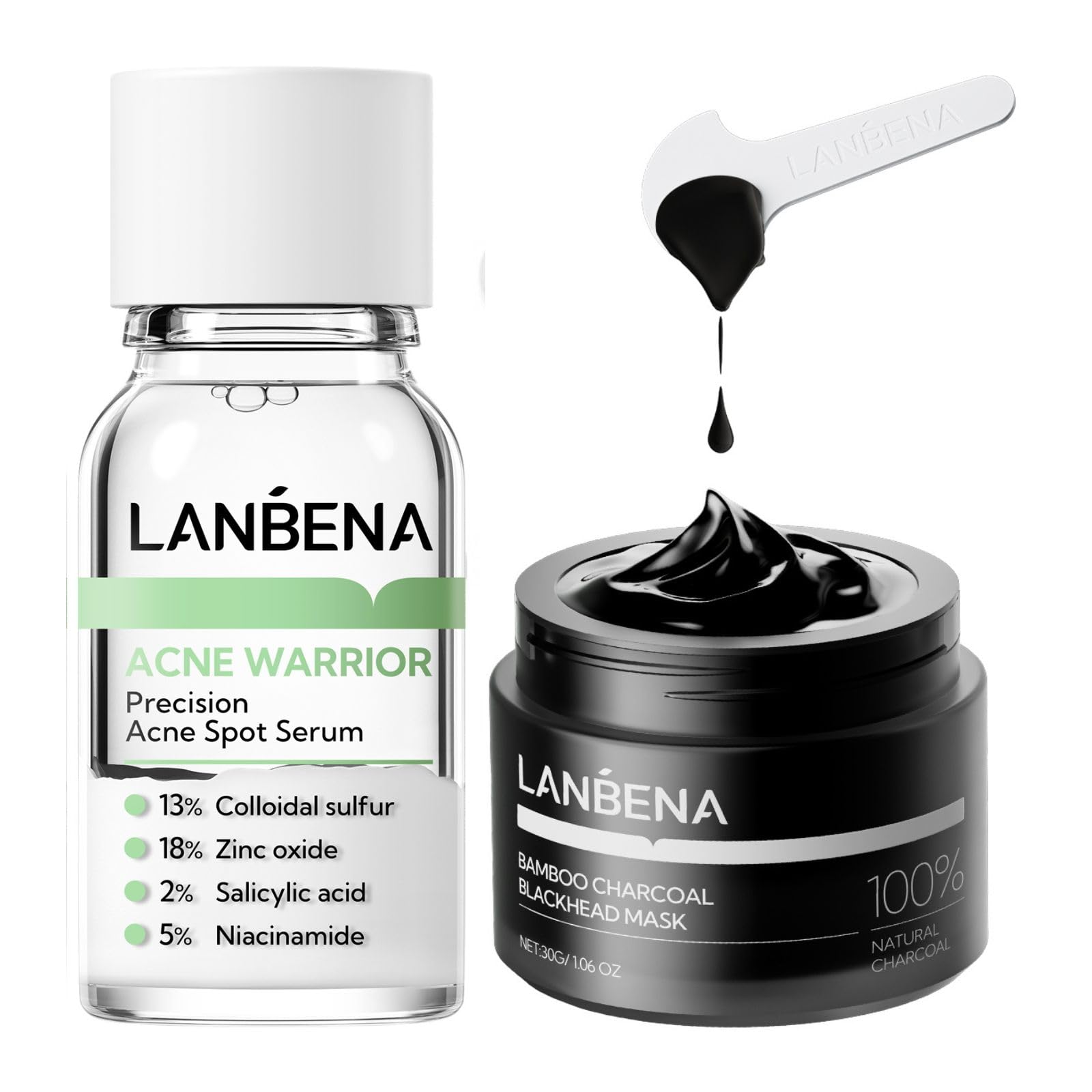 LANBENA Bamboo Charcoal Nose Pore Strips (1.03 Oz) & Acne Treatment Kit with Blackhead Remover & Pore Serum (0.42 Oz) - Deep Cleansing for Oily Skin, Blackhead Removal, Acne Care - Perfect for Daily Skincare Routine & Travel Essentials