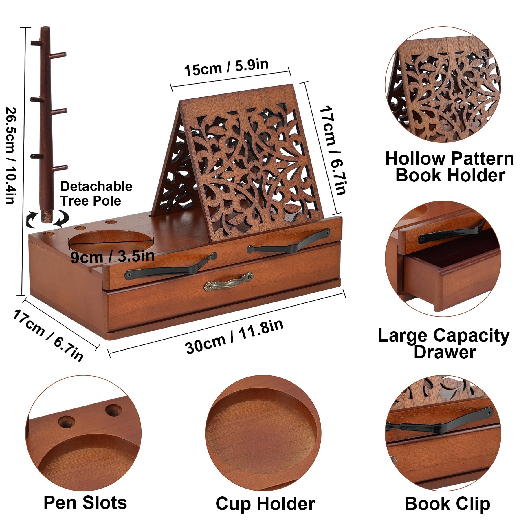 Wooden Book Stand for Hands-Free Reading - Adjustable Triangle Book Holder with Cup, Glasses, Pen & iPad Holder - Book Page Holder Stand with Drawer - Perfect Gift for Book Lovers - Ideal for Home, Office & Library Use