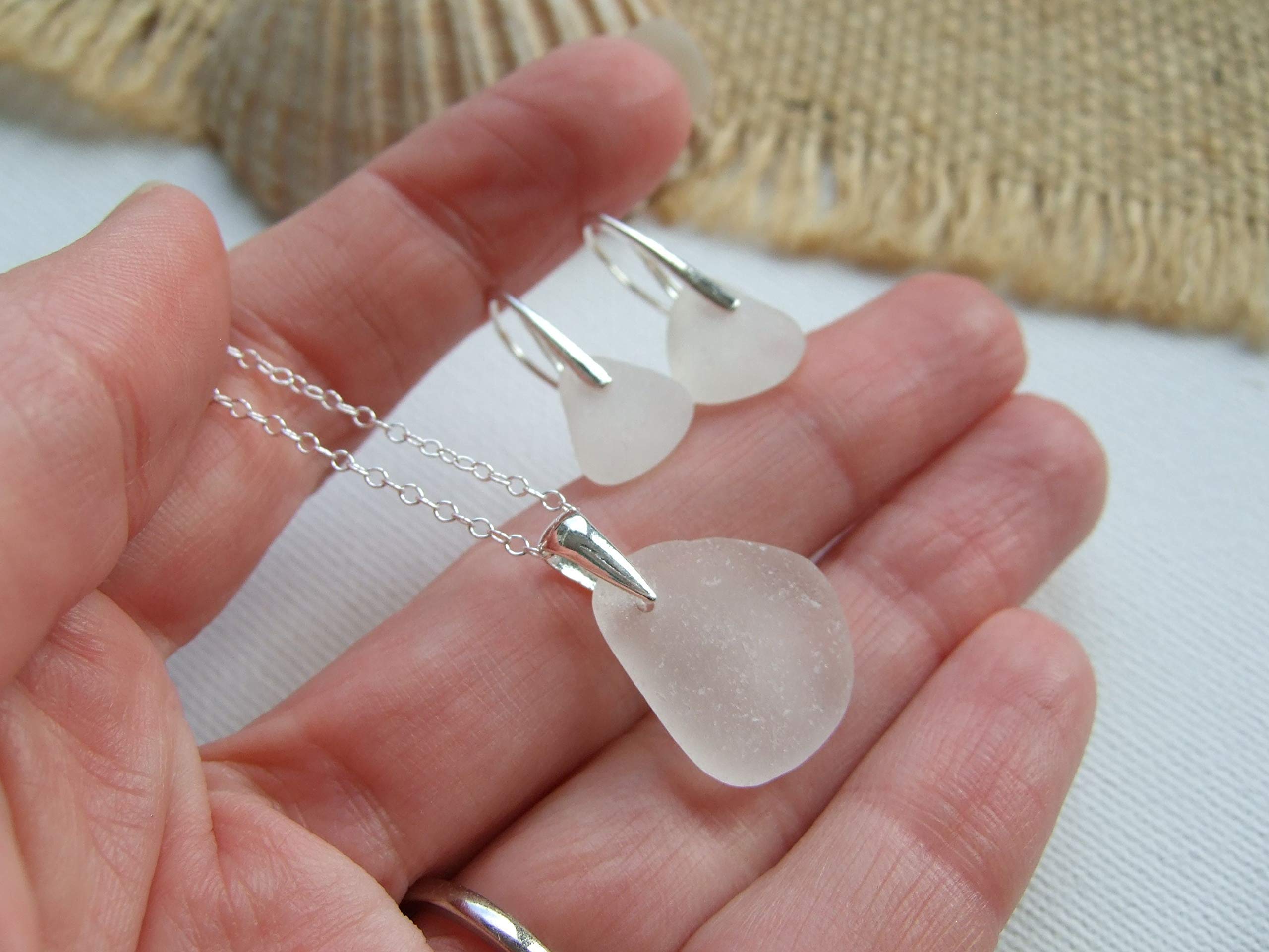 Petite Scottish Sea Glass Jewelry Set - Sterling Silver Beach Glass White Necklace & Earrings | Perfect for Beach Weddings, Boho Fashion & Gift Giving