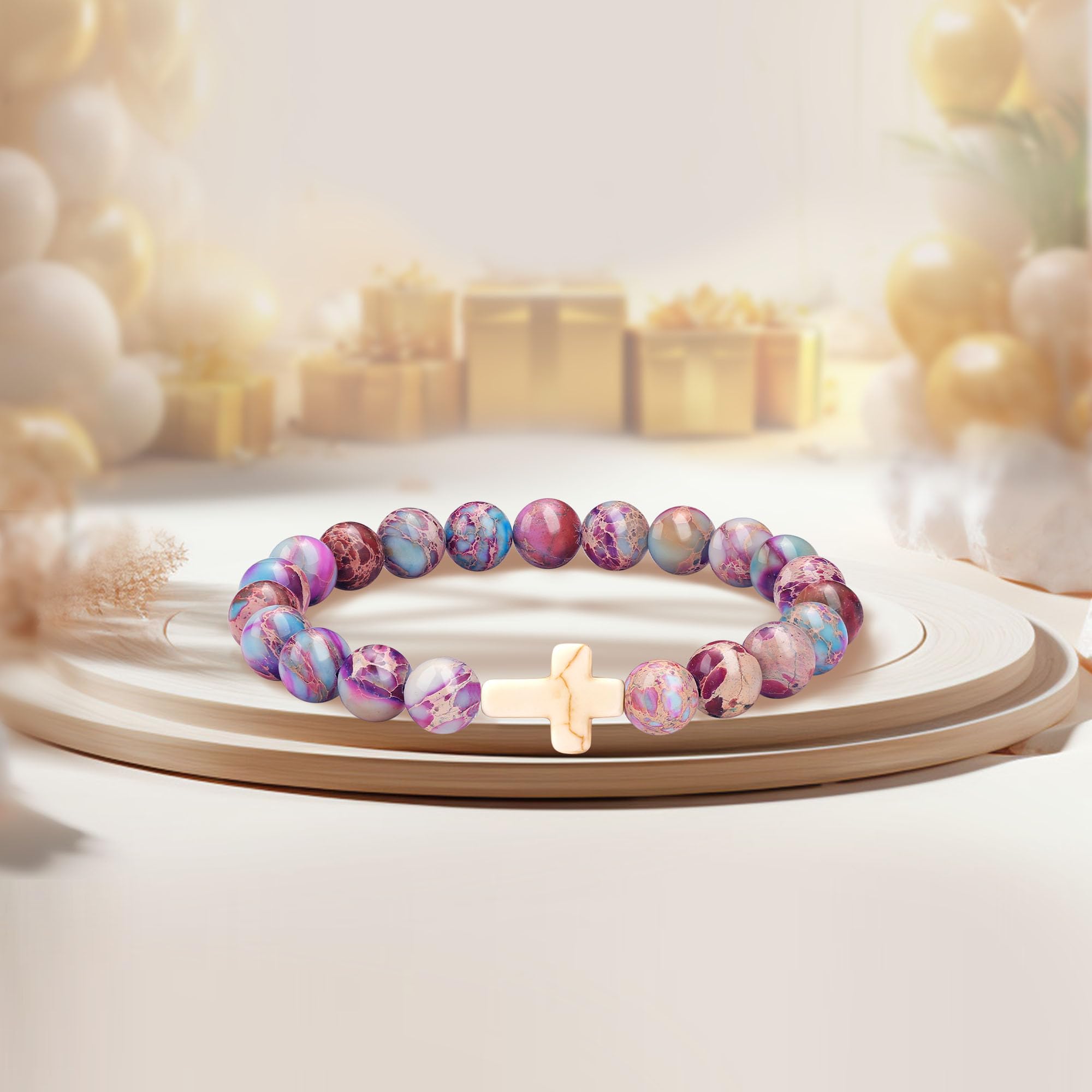JSJOY Natural Stone Beaded Bracelet - Christian Cross Jewelry Gift for Women & Girls (Age 6-80) | Birthday, Easter, Mother's Day Present for Daughter, Granddaughter, Niece, Mom, Sister | Faith-Based Accessory for Daily Wear & Special Occasions