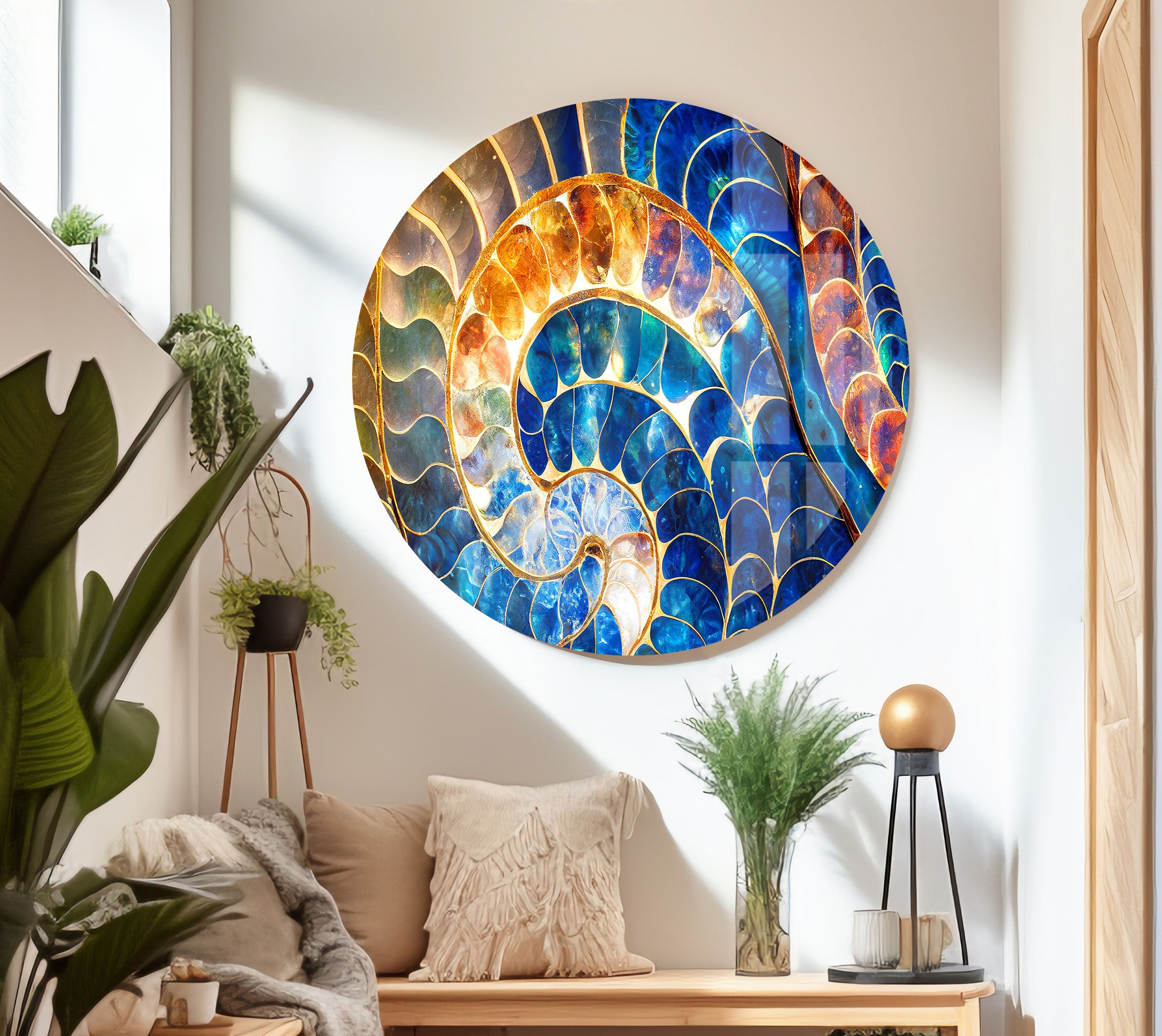 Blue & Orange Shell Glass Wall Art - Handmade Coastal Decor for Living Room, Bedroom, or Beach House - Perfect for Boho, Nautical & Seaside Home Decor
