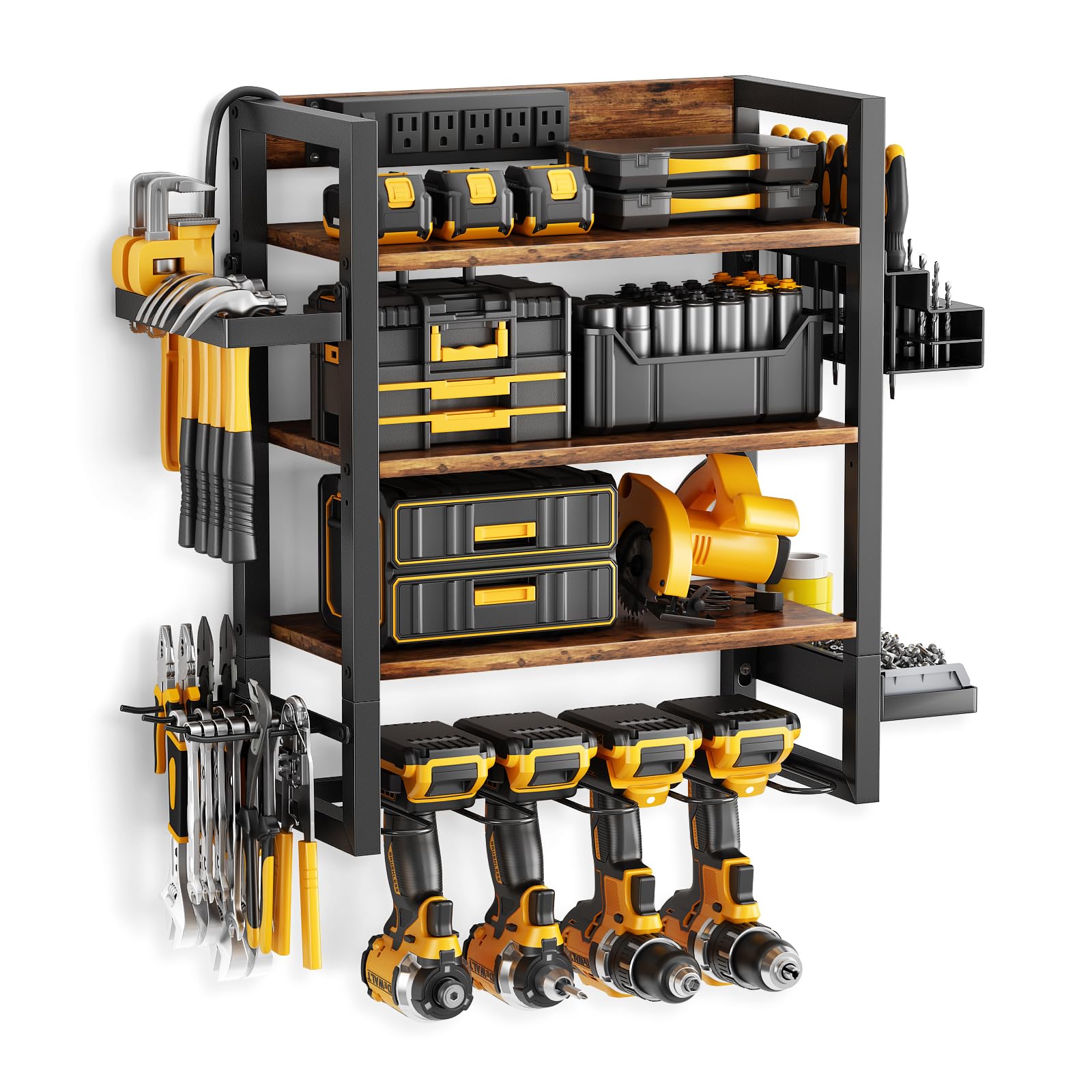 Wood & Metal Power Tool Organizer Wall Mount with 5 Charging Stations | 3-Tier Garage Tool Storage System with 4 Drill Holders | Workshop & Basement Organization | Vintage Brown Finish | Perfect for DIY Enthusiasts & Professional Contractors