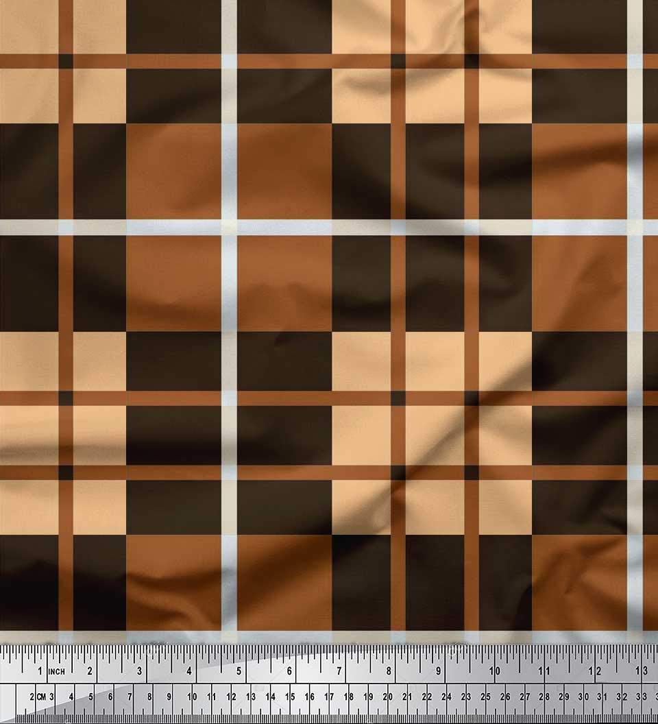 Soimoi Velvet Brown Fabric by The Yard - 58 Inch Wide Window Pane Check Pattern - Timeless Printed Fabric for Curtains, Drapes, Home Decor & DIY Sewing Projects