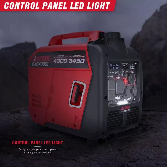 iPower GXS4300i 3450W/4300W Portable Inverter Generator with Low THD & CO Alert - Quiet Gas Powered for Camping, RV, Home Backup & Outdoor Power Needs