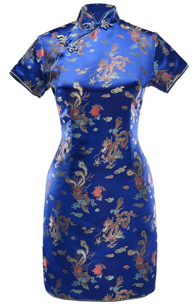 7Fairy Women's Vintage Navy Blue Dragon Print Mini Cheongsam Qipao Dress - Perfect for Chinese New Year, Prom, Cocktail Parties & Cultural Events