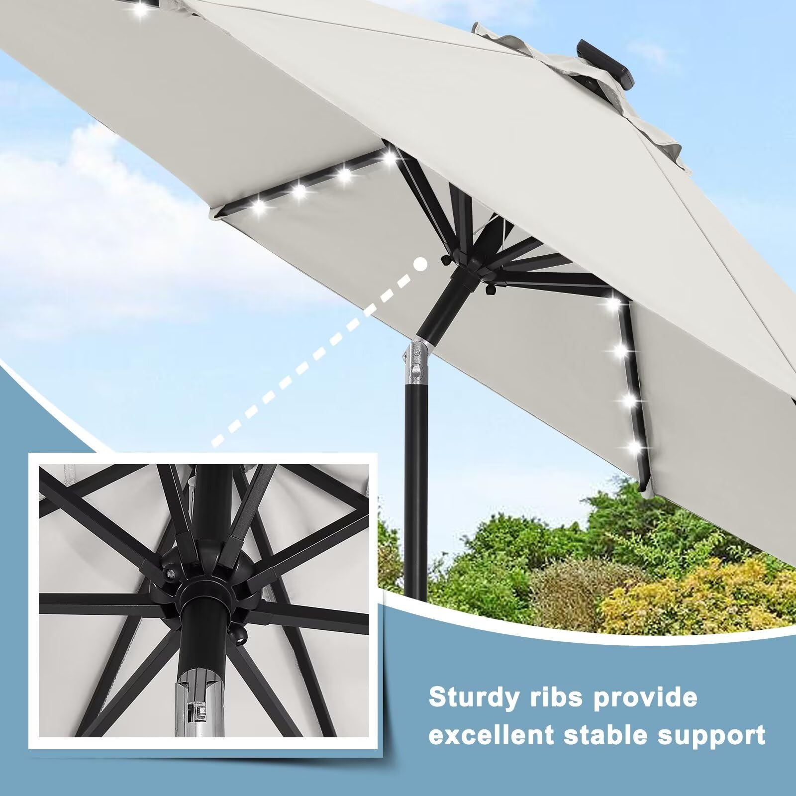 Durable 11FT Solar LED Patio Umbrella with 32 LED Lights - Beige Outdoor Canopy for Garden, Poolside & Backyard Relaxation