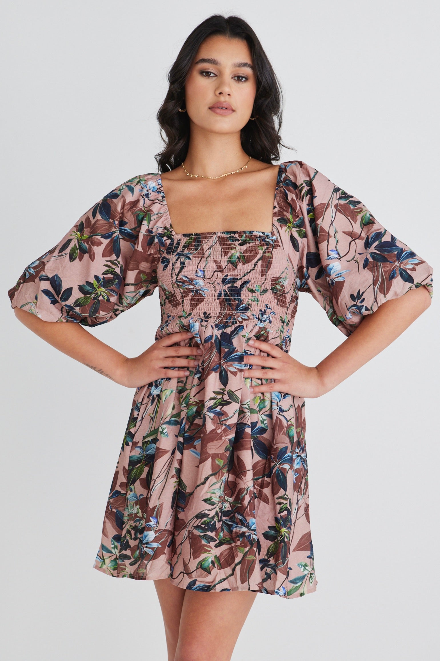 Bea Blush Paradise Long Sleeve Rouched Empire Waist Mini Dress - Elegant Party & Evening Wear for Women