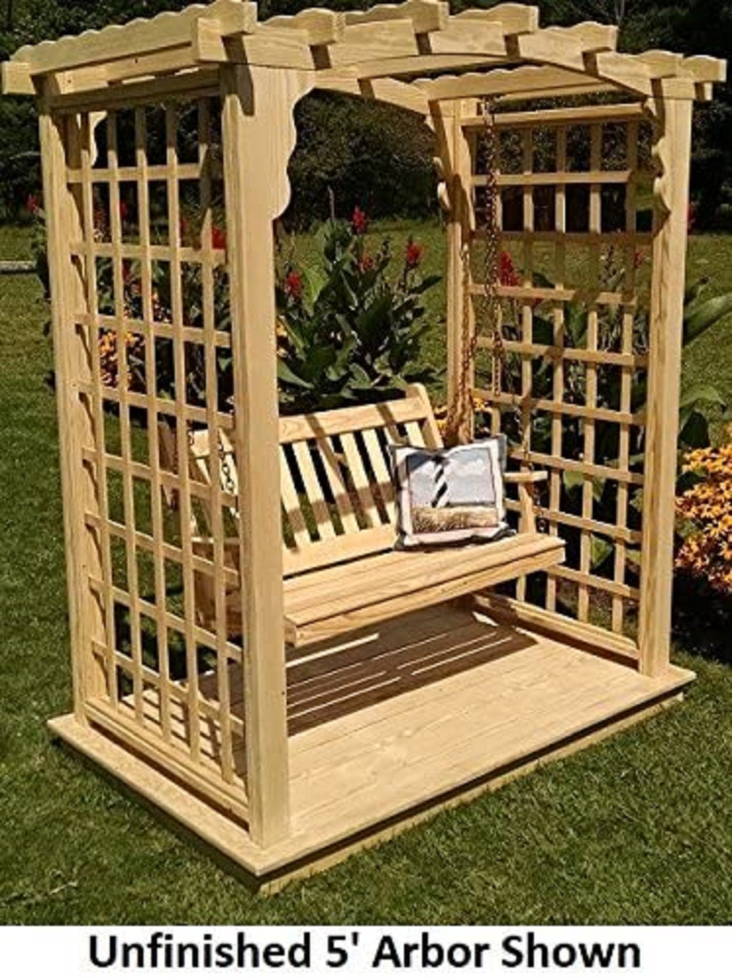 Amish Handcrafted Cedar Wood Cambridge Arbor with Deck & Swing - Rustic Outdoor Garden Structure for Patio, Backyard, and Wedding Decor