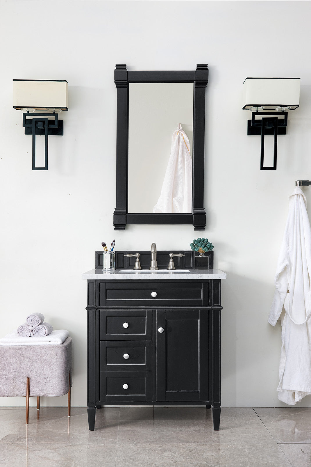 Brittany 30-Inch Single Bathroom Vanity in Black Onyx with 3CM Carrara Marble Top - Perfect for Modern Master Bathrooms and Powder Rooms