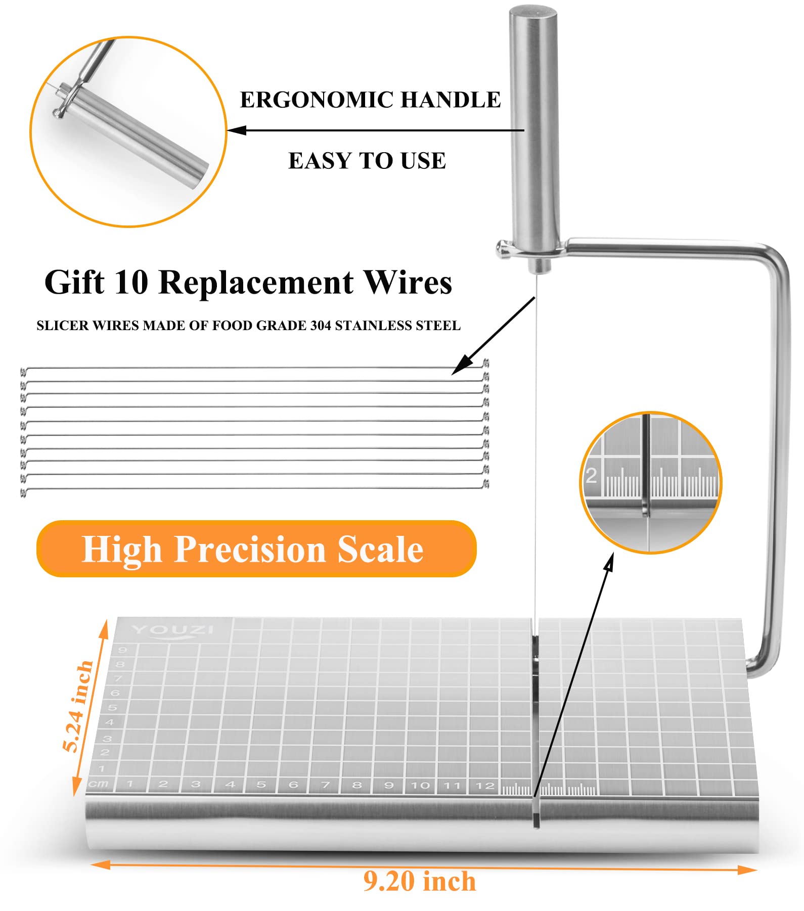 Premium Stainless Steel Cheese Slicer with 10 Replacement Wires - Heavy Duty Cheese Cutter for Block Cheese, Butter & More | Perfect Kitchen Gadget for Cheese Boards, Charcuterie & Entertaining | Great Gift for Food Lovers