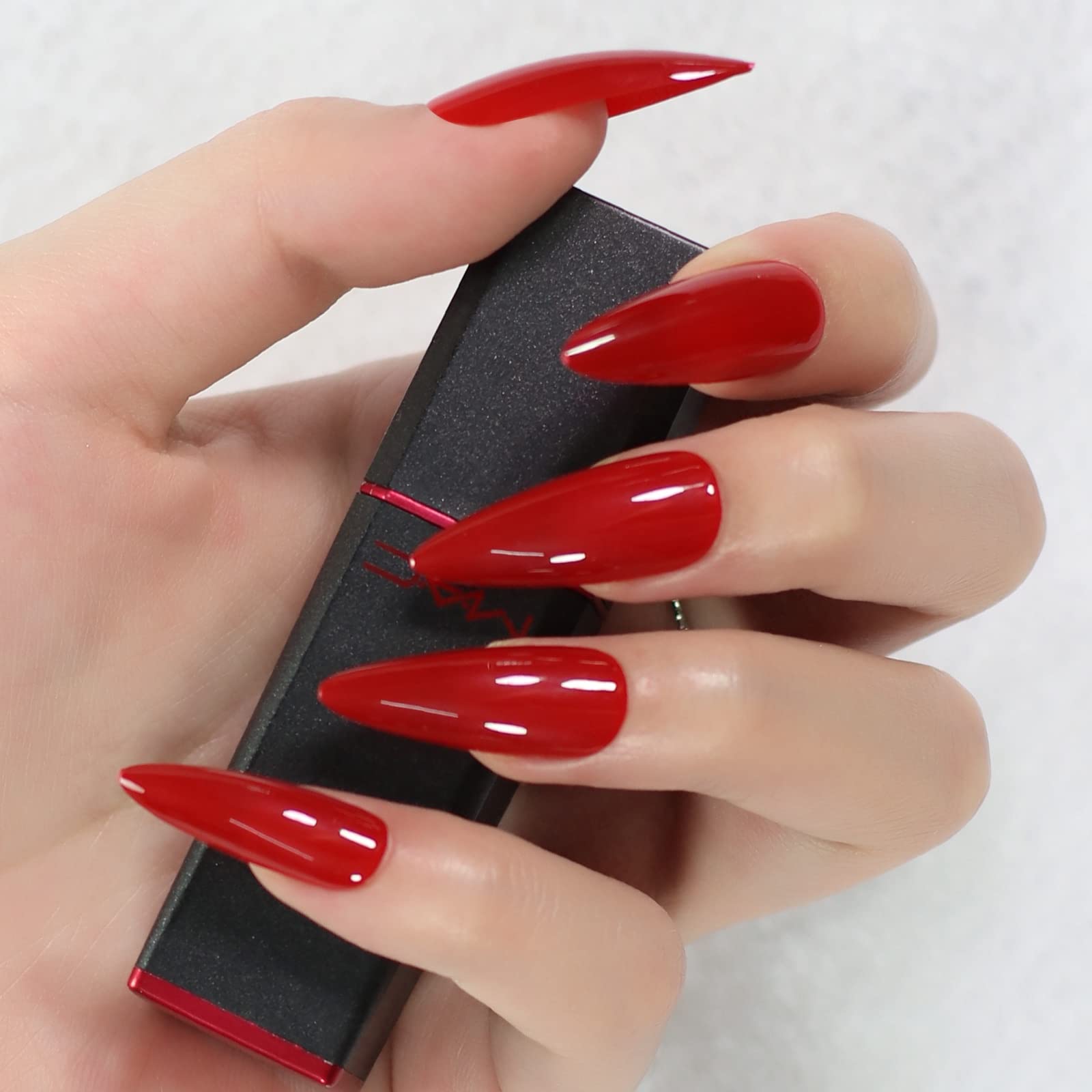Glossy Red Press-On False Nails - Medium Long Stiletto Fake Nails for Salon Quality DIY Manicures at Home | Perfect for Parties, Weddings & Special Occasions