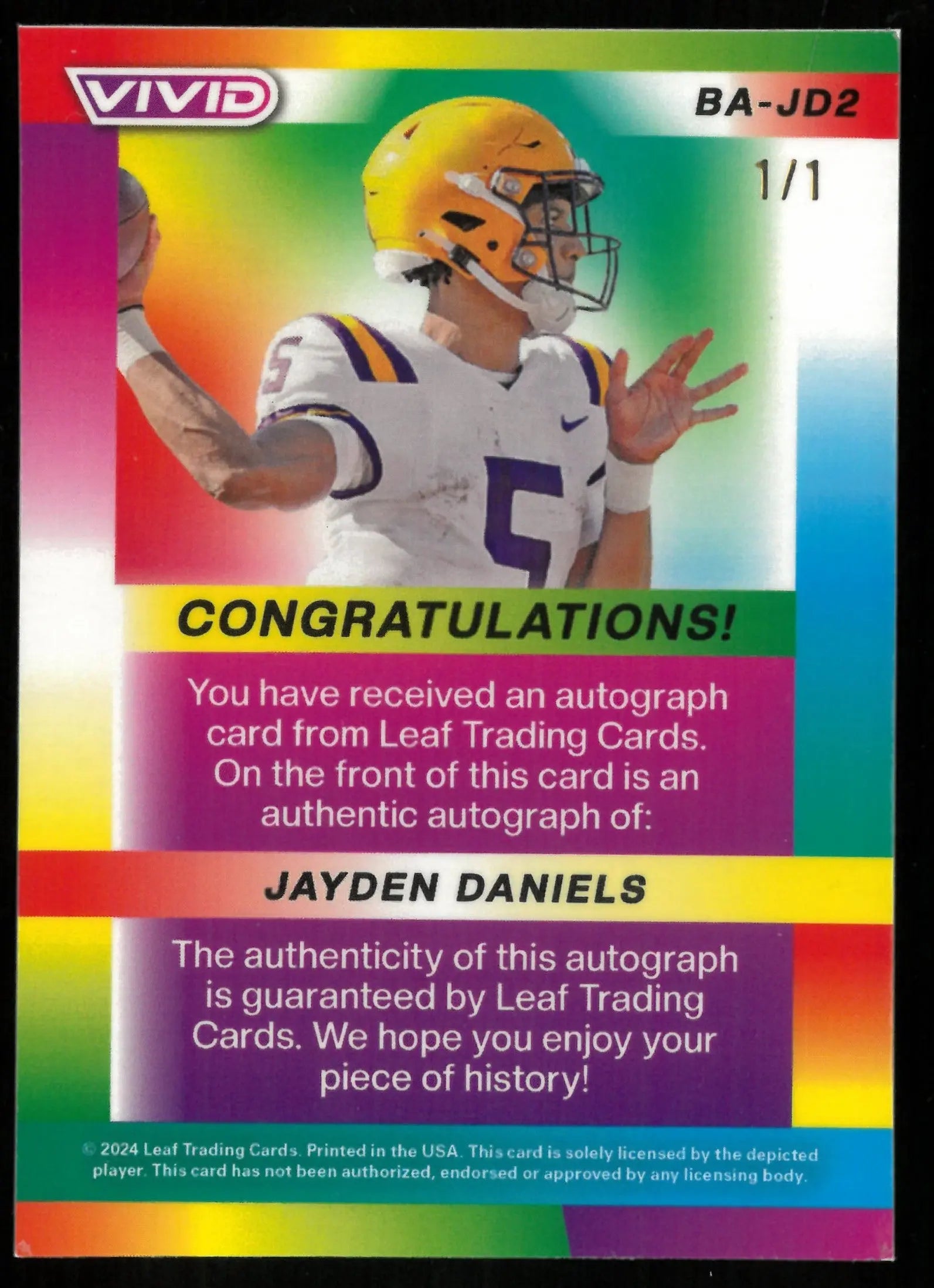 2024 Leaf Vivid Football Jayden Daniels Rookie Card Orange Lazer Auto 1/1 - Rare Collectible for Sports Memorabilia Fans & Investment