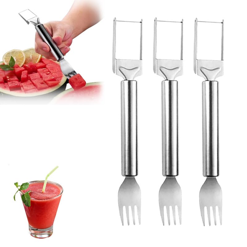 2024 Upgraded 2-in-1 Stainless Steel Fruit Cutter - Dual Head Watermelon Slicer & Fork Set for Kitchen, BBQ, Picnic (3-Piece Summer Fruit Cutting Tool for Home, Camping & Outdoor Parties)
