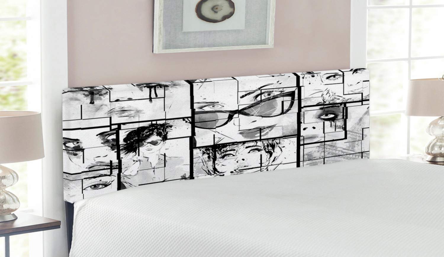 Ambesonne Parisian Romance Queen Size Headboard - Upholstered Metal Bed Frame with Memory Foam, Eiffel Tower & Makeup Art Design in Black, White & Grey | Perfect for Bedroom Decor & French-Themed Interiors
