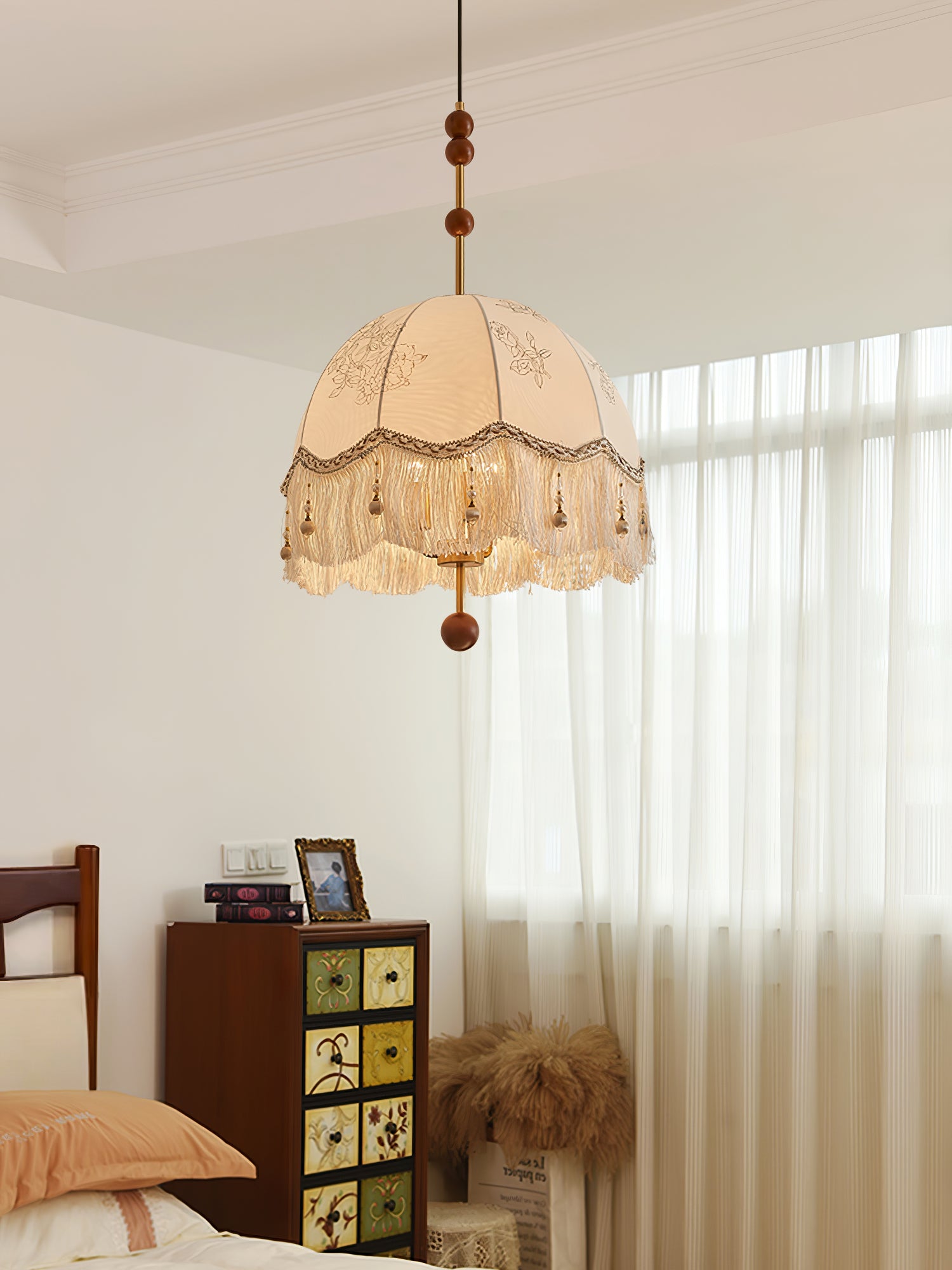 Bohemian Frill Fringe Pendant Lamp - Handmade Rattan Chandelier for Living Room, Bedroom & Dining Room Decor - Perfect for Boho, Farmhouse or Coastal Style Homes