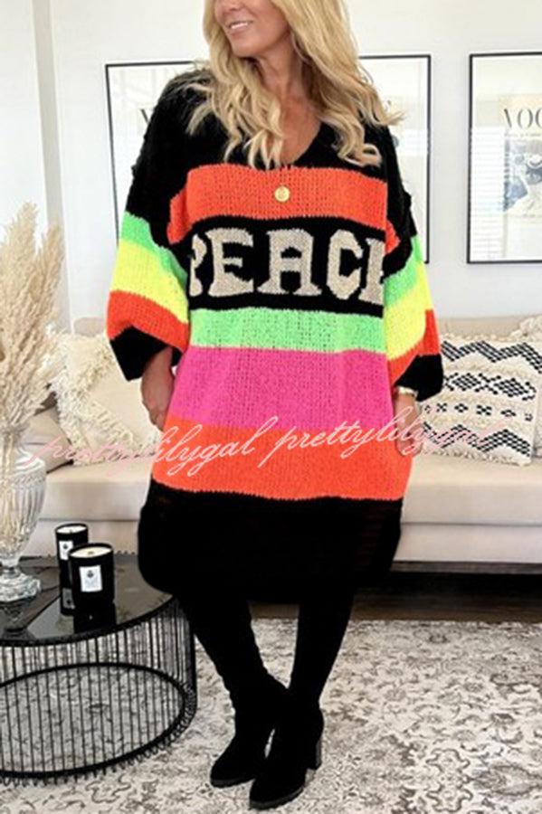 True Faith Knit Peace Pattern Color Blocks Loose Midi Sweater Dress - Cozy Casual Wear for Fall & Winter, Perfect for Office, Date Night and Weekend Outings