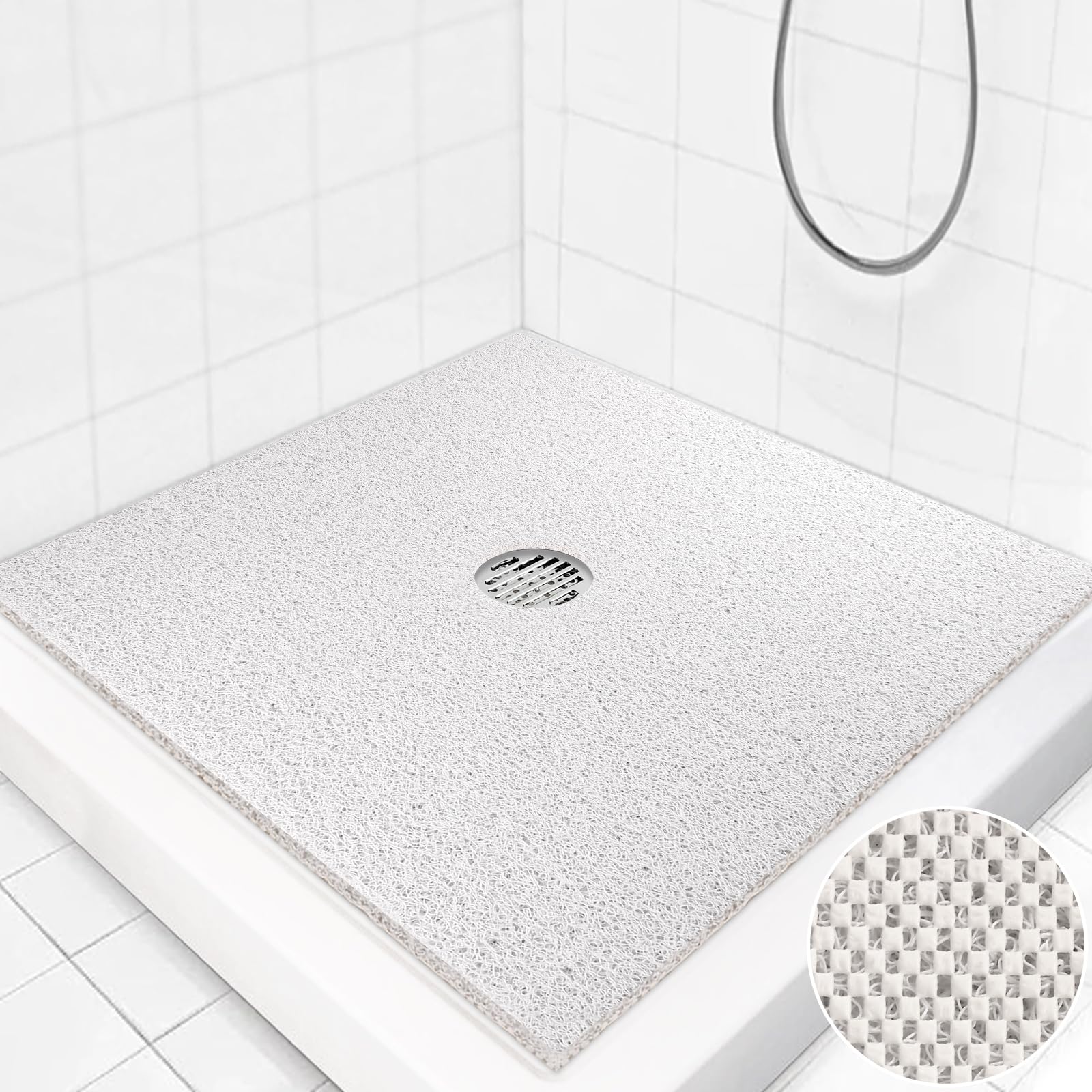 Non-Slip Square Shower Mat 27x27 Inch - Extra Large Loofah Bath Mat for Shower Stall with Drain Hole | Anti-Skid Bathroom Floor Mat for Safety & Comfort - Perfect for Tiled Showers, Bathtubs & Wet Areas