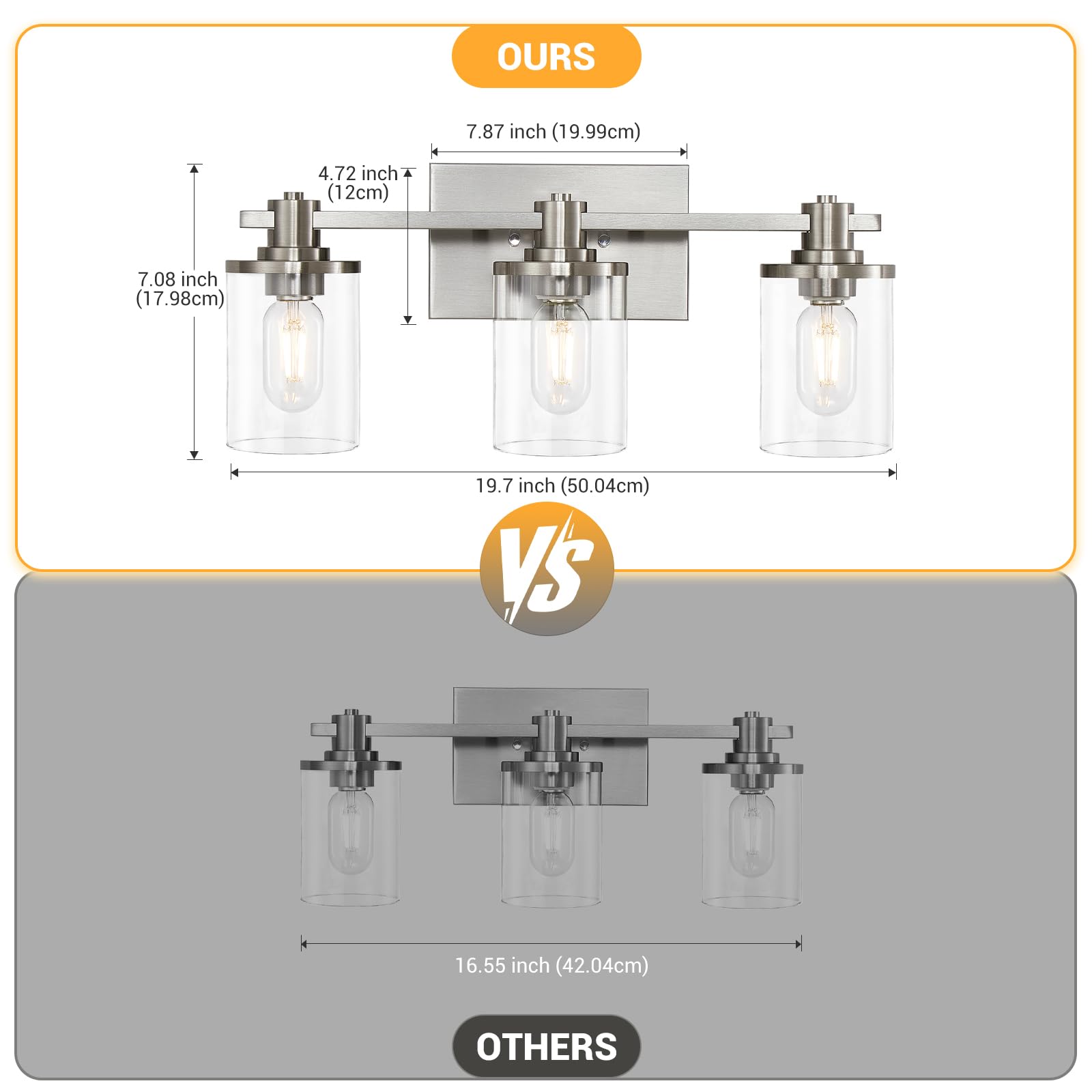 DADUL 3-Light Brushed Nickel Bathroom Vanity Light Fixture - Modern Wall Sconce with Clear Glass Shade for Mirror Lighting - Perfect for Bathroom, Powder Room, and Dressing Area Makeup Vanity