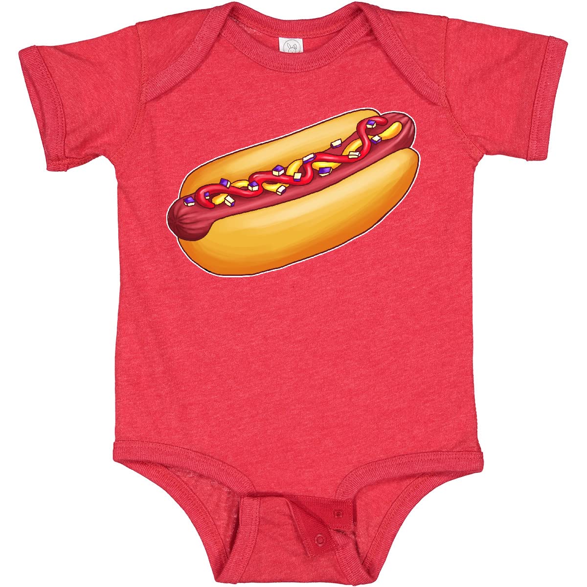 Inktastic Hot Dog Illustration Baby Bodysuit with Mustard, Onions & Ketchup - Cute Graphic Onesie for Infants, Toddler Outfit, Funny Foodie Gift for New Parents | Perfect for BBQ Parties, Picnics & Family Gatherings