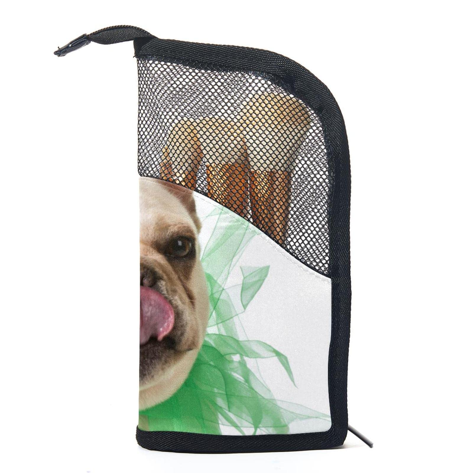 Portable Makeup Brush Organizer Bag with 12 Slots - Cute Bulldog Kiss Design Cosmetic Brush Holder Case for Travel & Home Storage