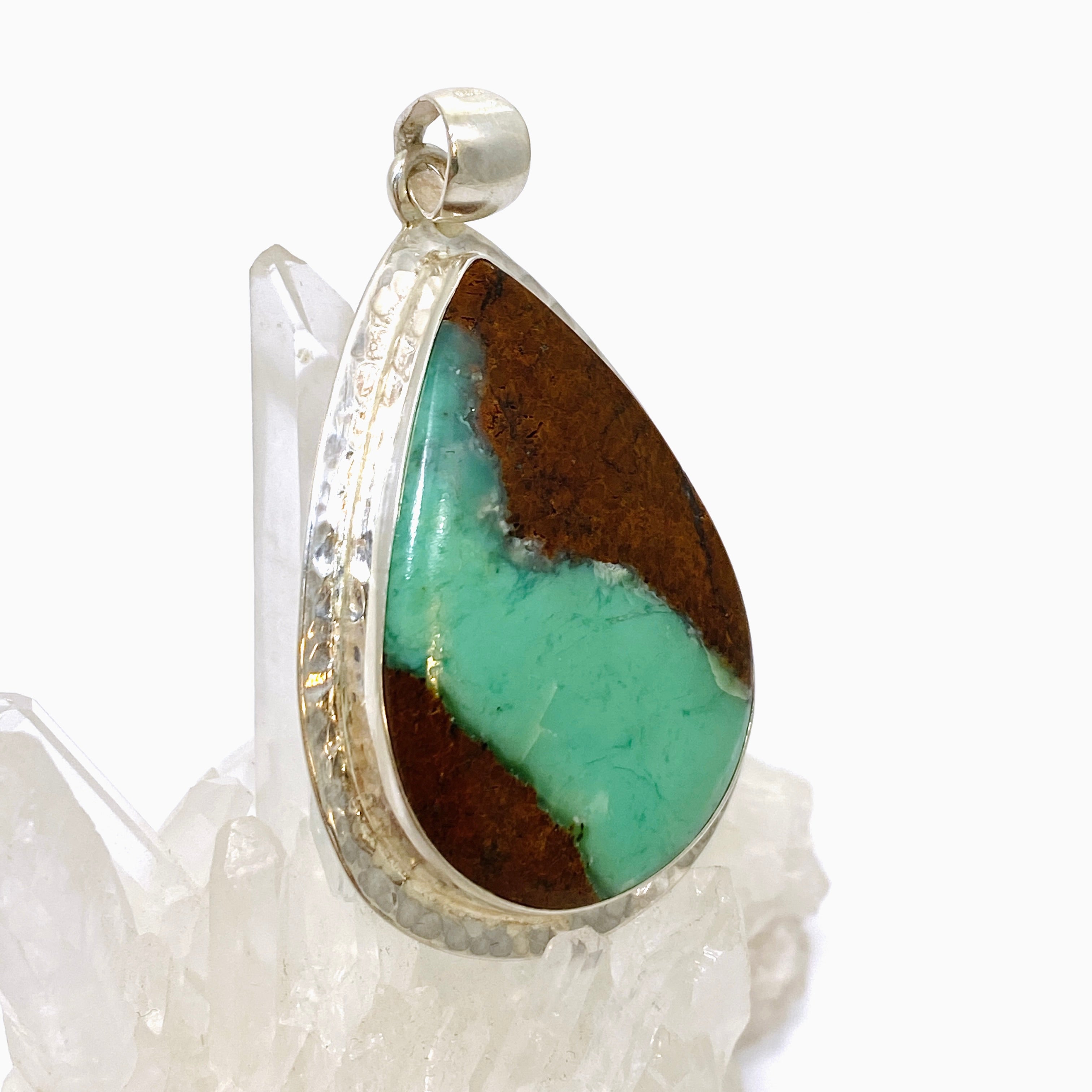 Natural Chrysoprase Teardrop Cabochon Pendant in Handcrafted Hammered Silver Setting KPGJ4714 | Elegant Jewelry Gift for Women, Perfect for Weddings & Special Occasions