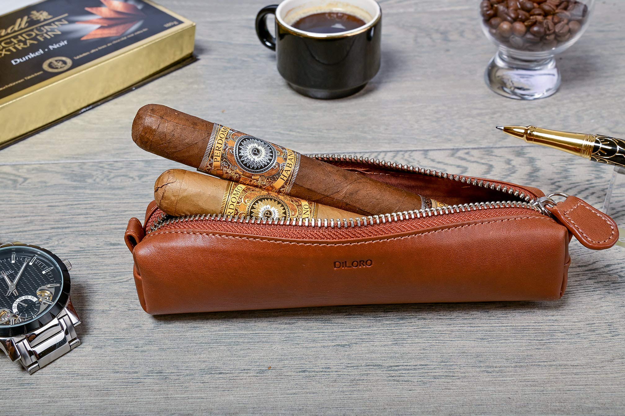 Premium Leather Pen Case - DiLoro Zippered Holder for Fountain & Ballpoint Pens - Bugatti Tan - Perfect for Office & Travel
