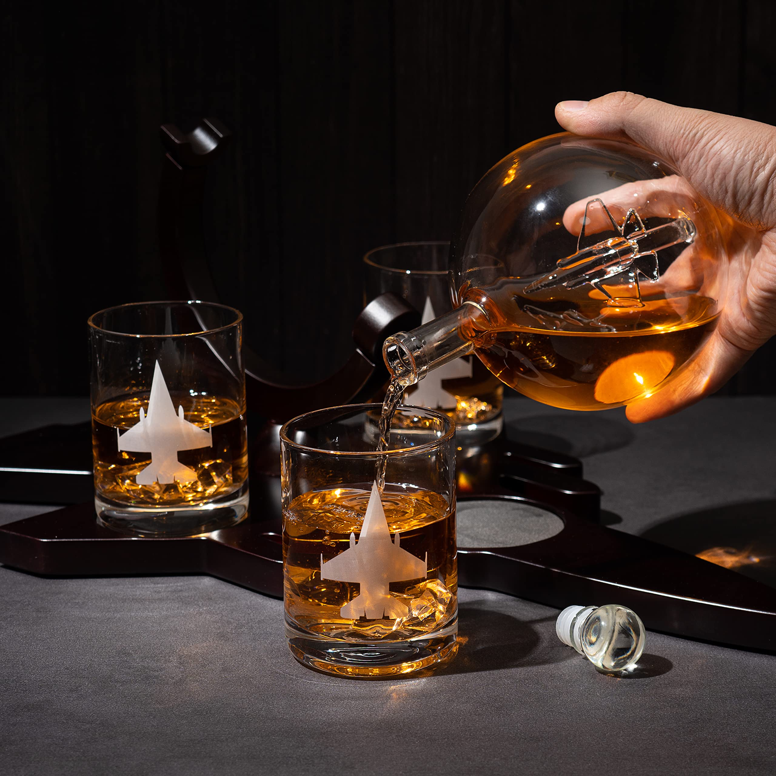 Fighter Jet Wine & Whiskey Decanter Set - F16, F15, F18, F22 with 3 Glasses | Bourbon, Scotch & Vodka Decanter | Perfect Pilot, Aviation & Military Veteran Gifts | Airplane Figurine for Home Bar & Cocktail Party Decor