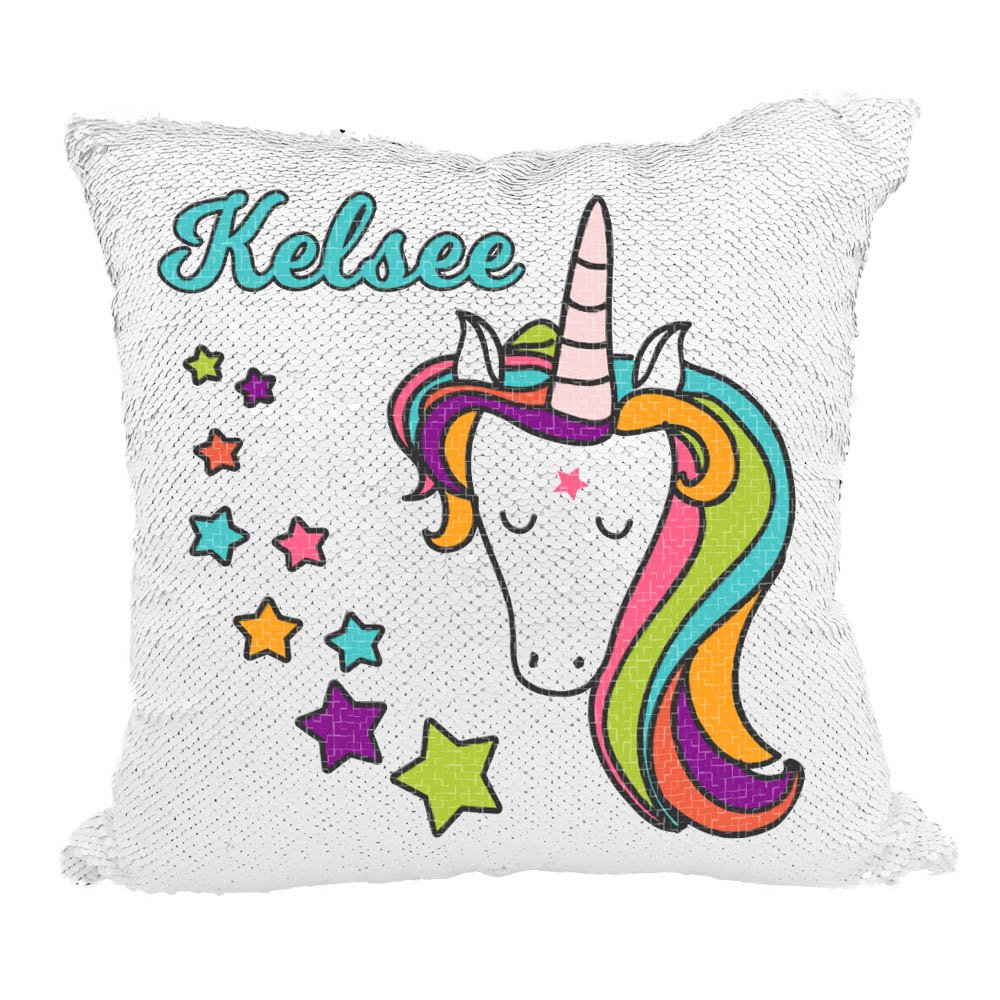 Custom Mermaid & Unicorn Reversible Sequin Pillow - Personalized Name Gift for Girls (White/Rose Gold) | Birthday Present, Room Decor, Kids Bedding Accessory
