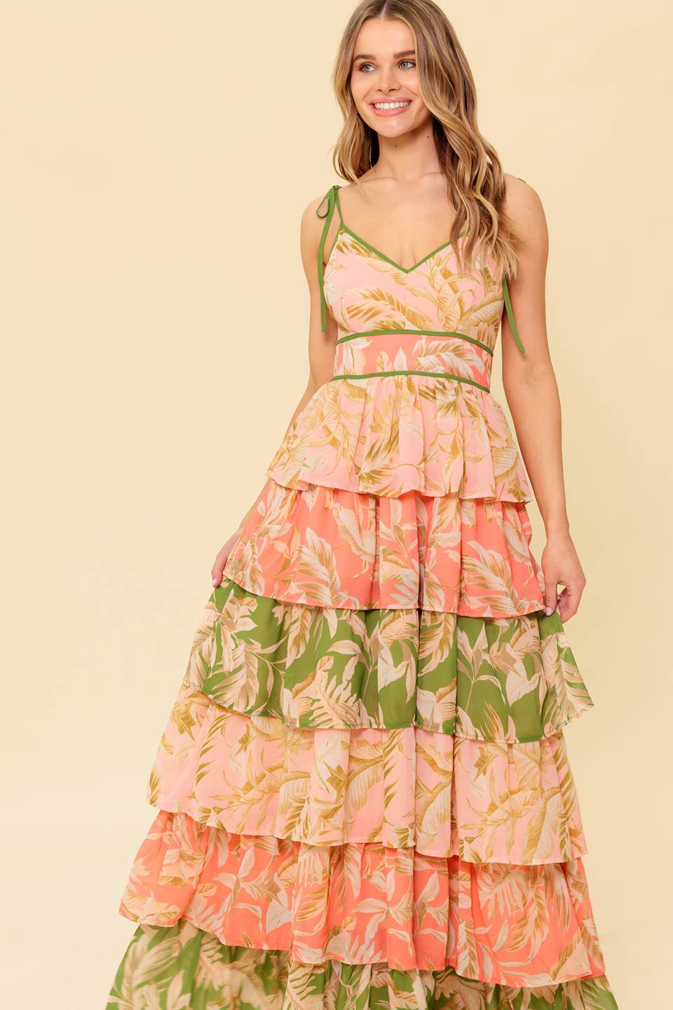 FEELS LIKE HOME TIERED MAXI DRESS in Peach & Green - Perfect for Summer Vacations, Beach Weddings & Boho Chic Outfits