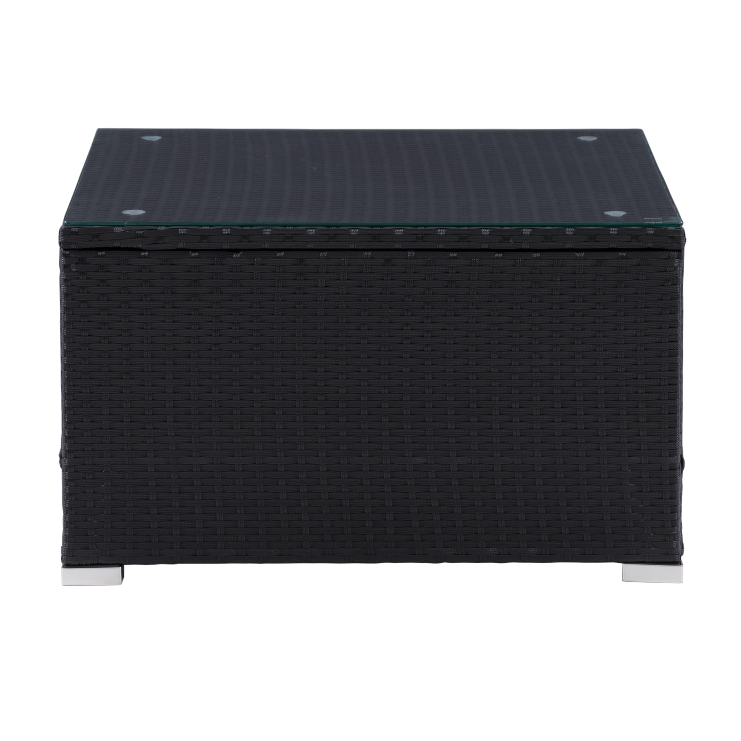 CorLiving Parksville Black Wicker Rattan Square Patio Coffee Table with Tempered Glass Top - Outdoor Furniture for Garden, Poolside, and Backyard Relaxation