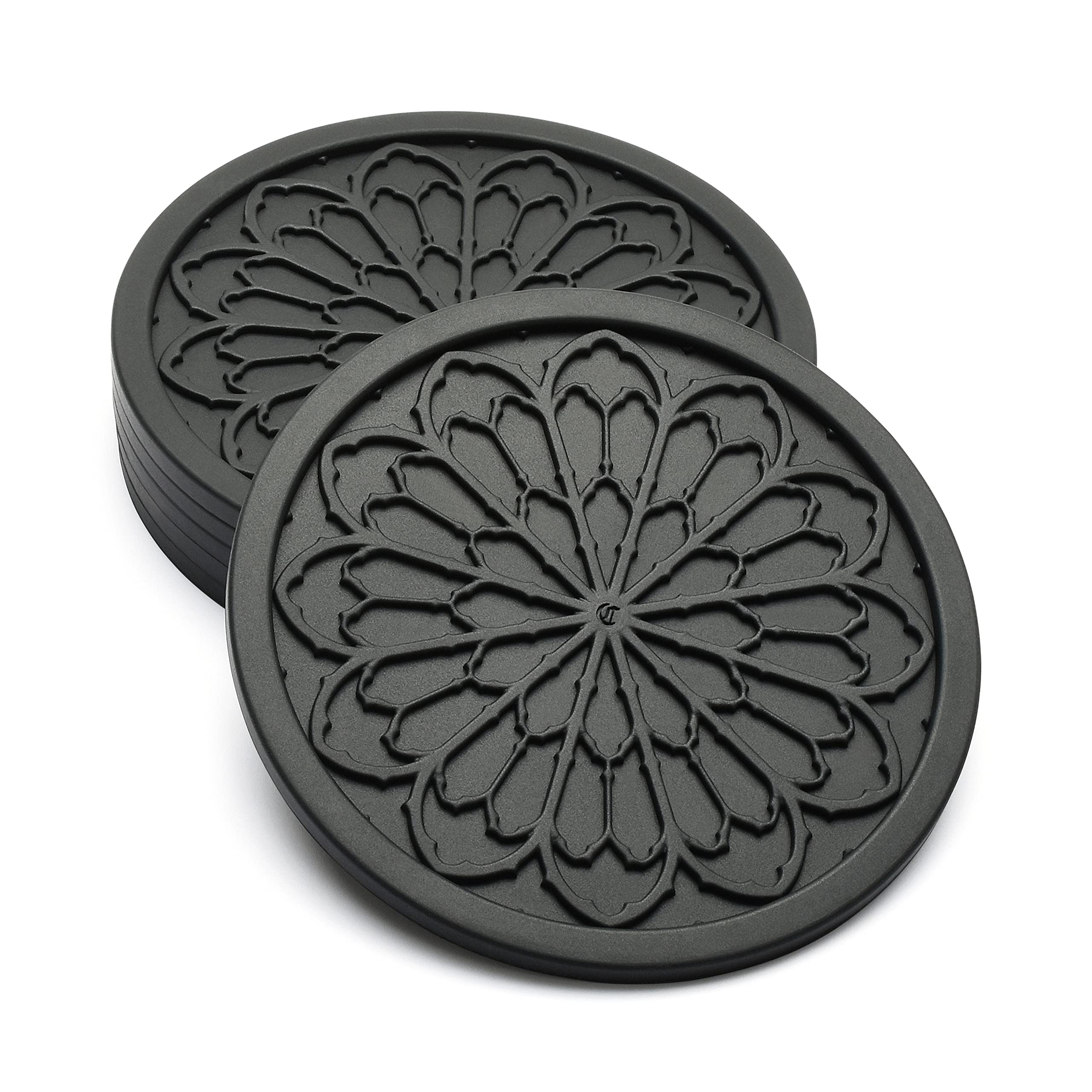 6-Pack Black Silicone Drink Coasters - 4 Inch Non-Slip Cup Coasters for Kitchen, Dining Table & Coffee Bar - Aesthetic Goth Home Decor Accessories by COASTERFIELD - Perfect for Parties, Office & Room Decor