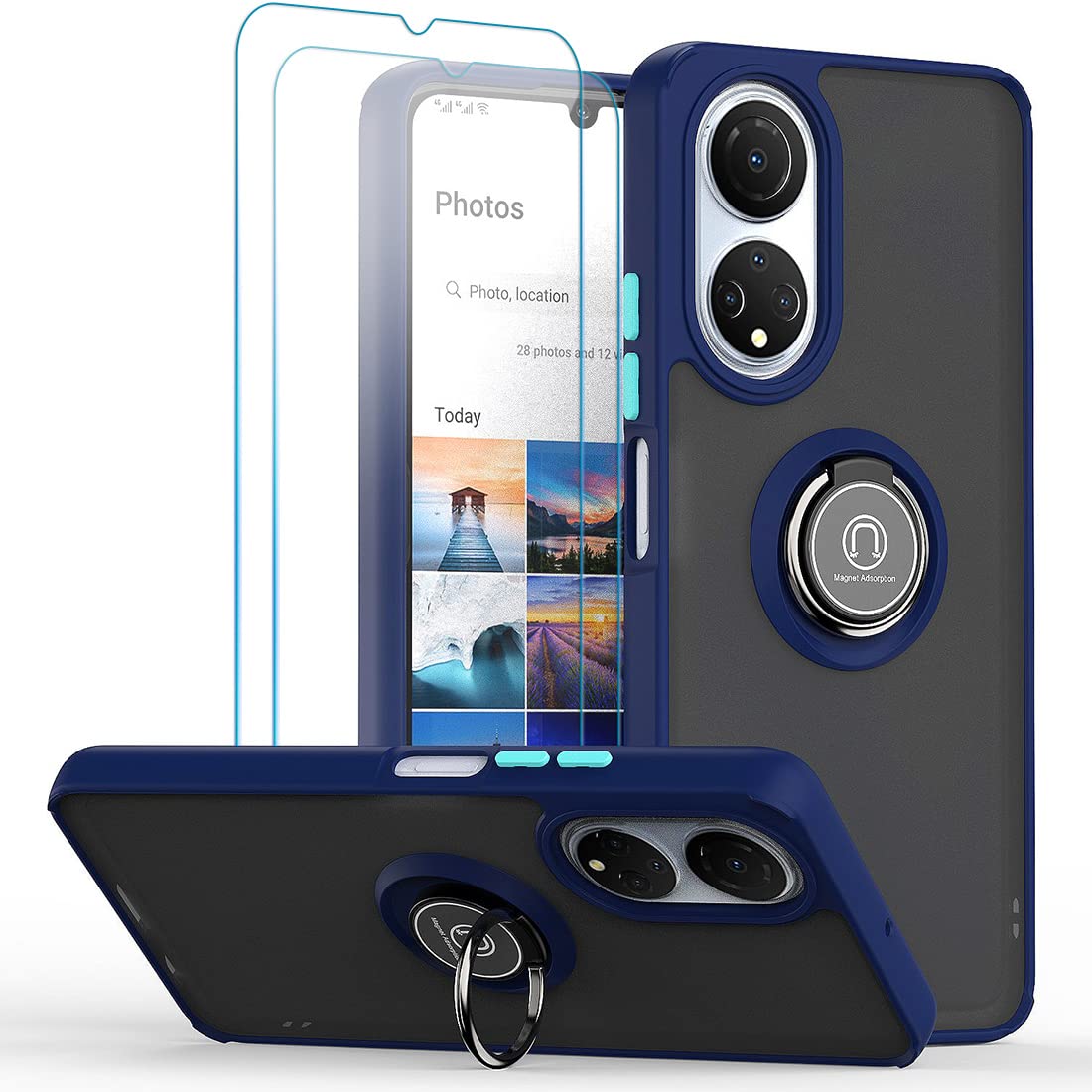QUIETIP Honor X7 Case - Shockproof TPU + PC Bumper Cover with Magnetic Car Mount & 2 Pack Tempered Glass Screen Protector (Blue) - Perfect for Daily Protection & Secure Car Phone Mounting