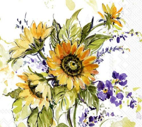 Set of 2 Decoupage Paper Party Napkins with Sunflower Watercolor Design - Perfect for Birthday Celebrations, Weddings & Cocktail Parties - Elegant Luncheon Table Decor for Special Occasions