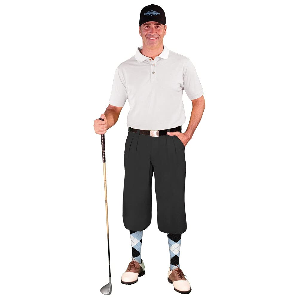**Men's Golf Outfit Set - Black Microfiber Knickers, Limited Edition Ball Cap, Argyle Over-The-Calf Socks & White Polo Shirt | Perfect for Golf Tournaments & Country Club Style**